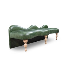 Sculptural Wave Back Bench in Green Leather with Turned Wood Legs