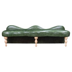 Sculptural Wave Back Bench in Green Leather with Turned Wood Legs