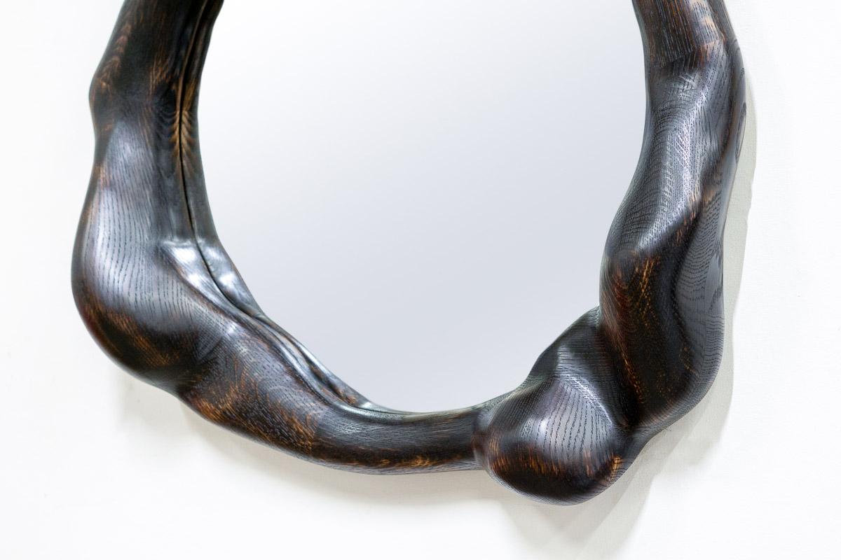 German Sculptural Wavy Mirror in Charred Oak For Sale