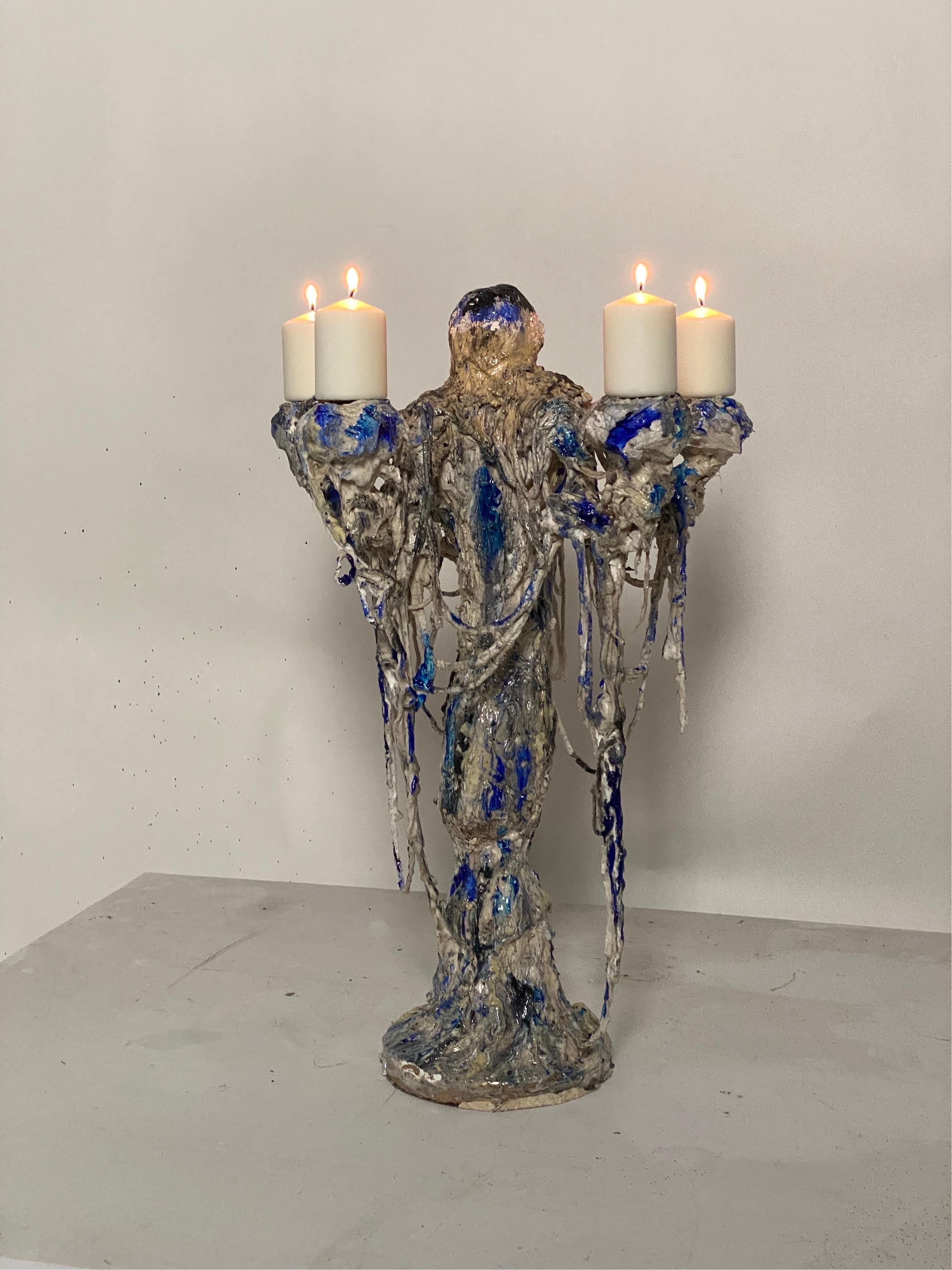 Contemporary Sculptural  White and Blue  Plaster Candles Holder For Sale