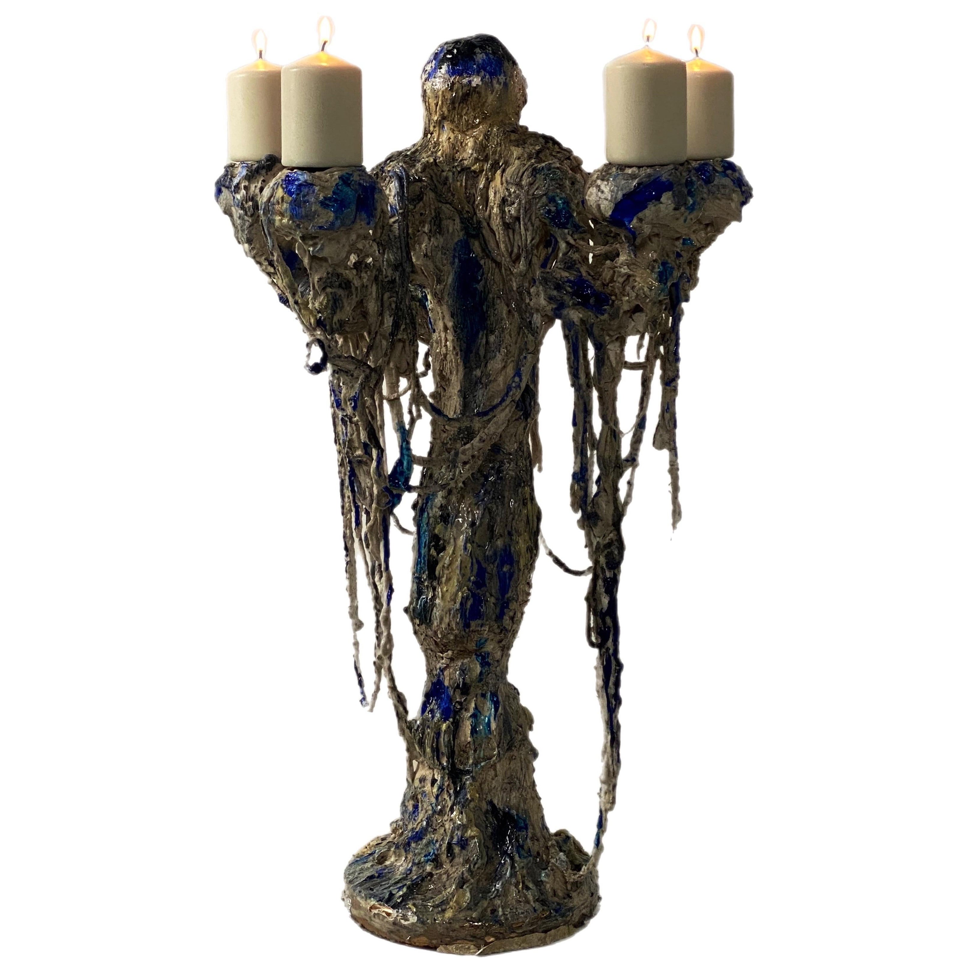 Sculptural  White and Blue  Plaster Candles Holder
