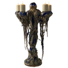 Sculptural  White and Blue  Plaster Candles Holder