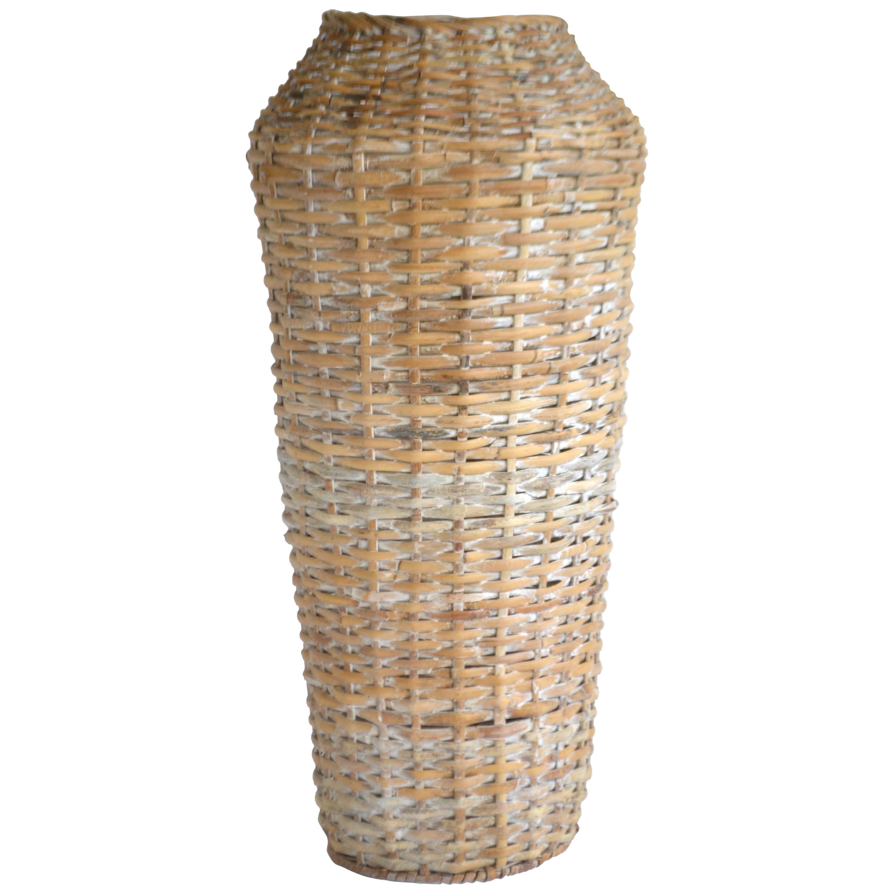 Sculptural Whitewashed Woven Rattan Basket For Sale
