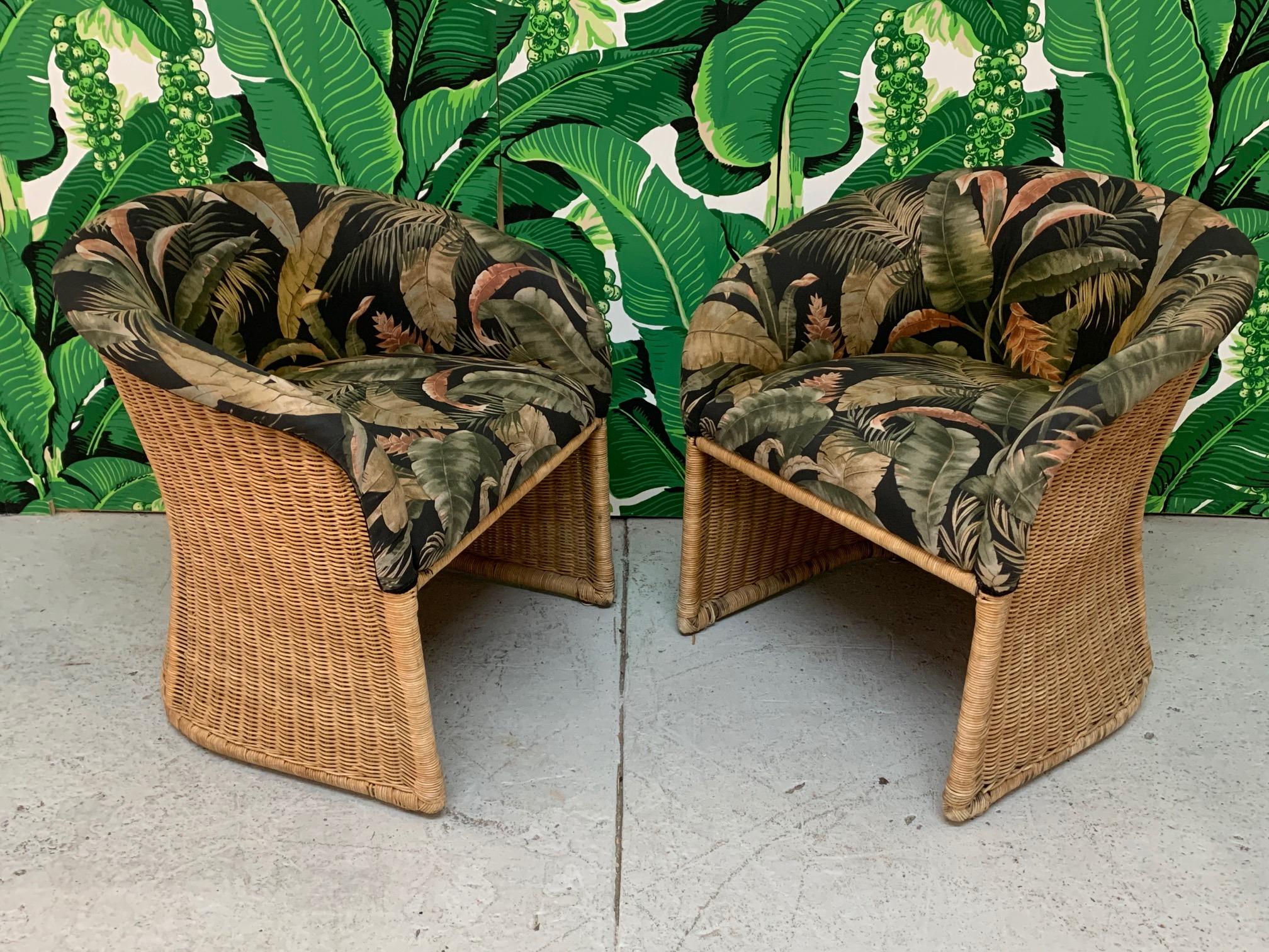 Hollywood Regency Sculptural Wicker Club Tropical Chairs, a Pair