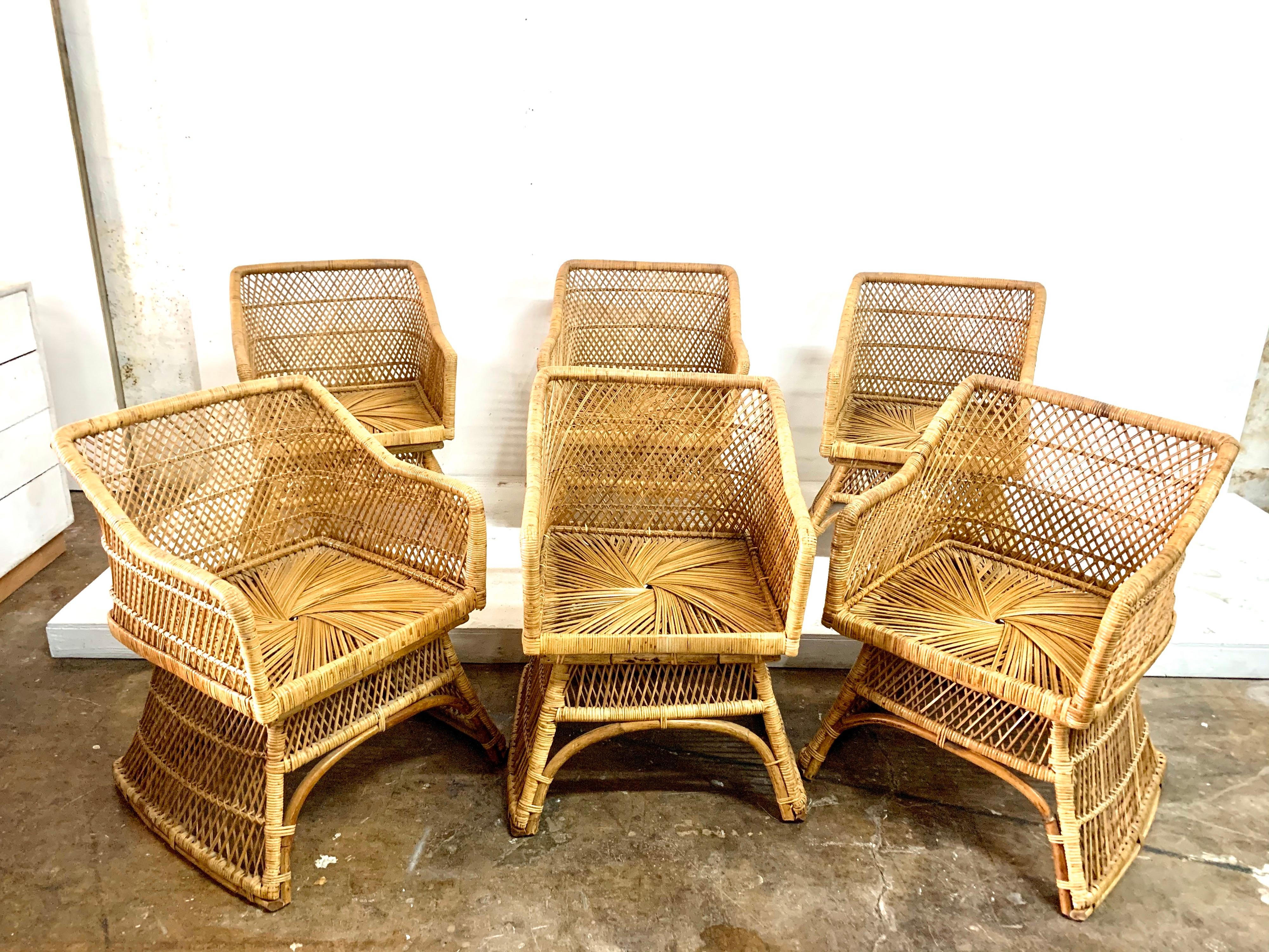 
Set of six sculptural wicker dining chairs feature unique square design, wicker in very good condition.