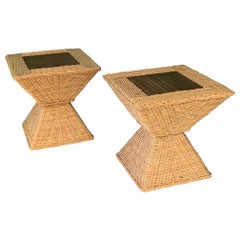 Sculptural Wicker Geometric End Tables, Set of 2