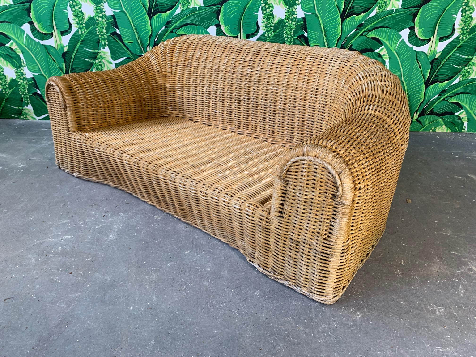 Hollywood Regency Sculptural Wicker Sofa in the Manner of Michael Taylor