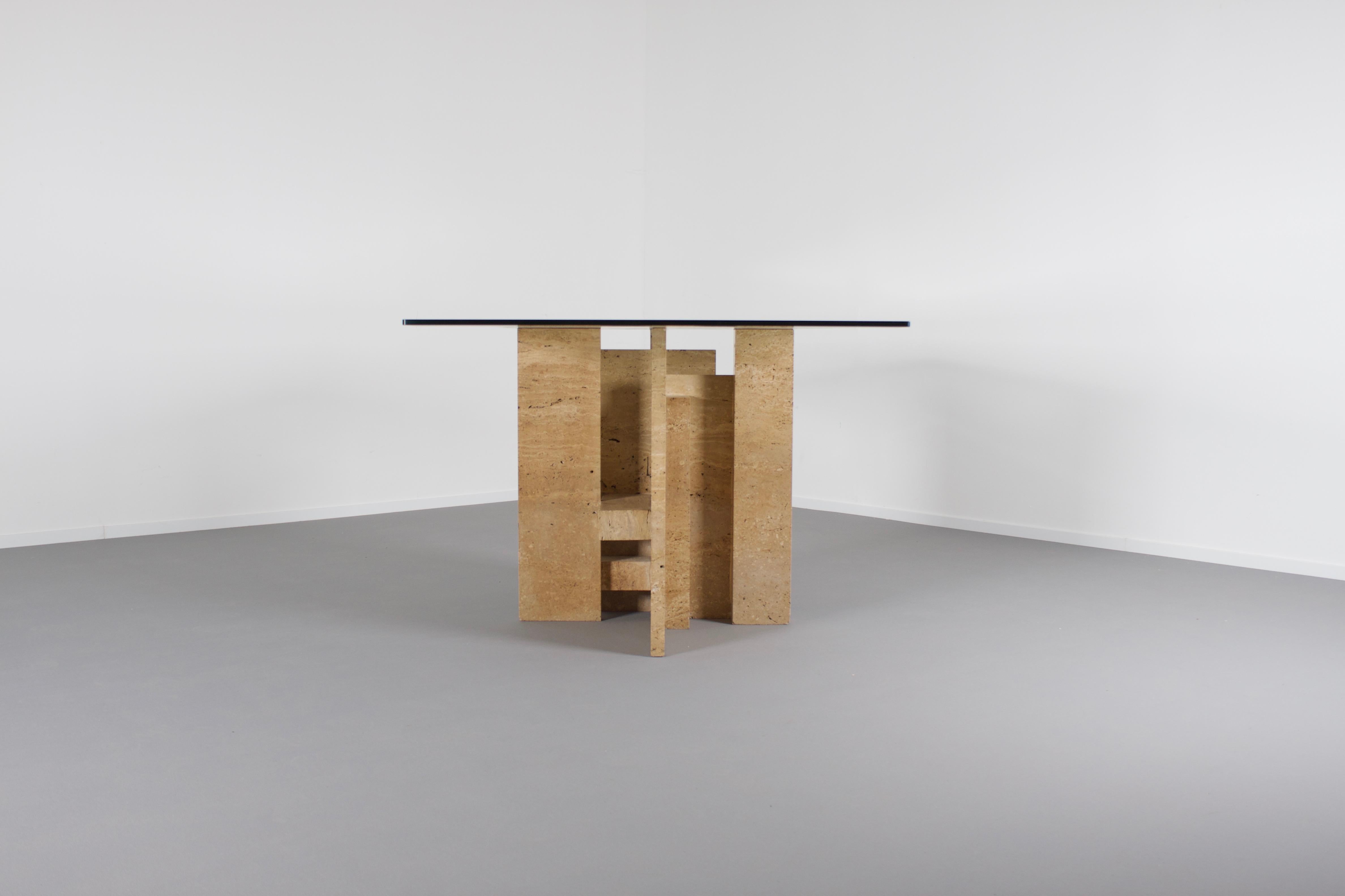Post-Modern Sculptural Willy Ballez Dining Table in Travertine and Glass, Belgium 1970s