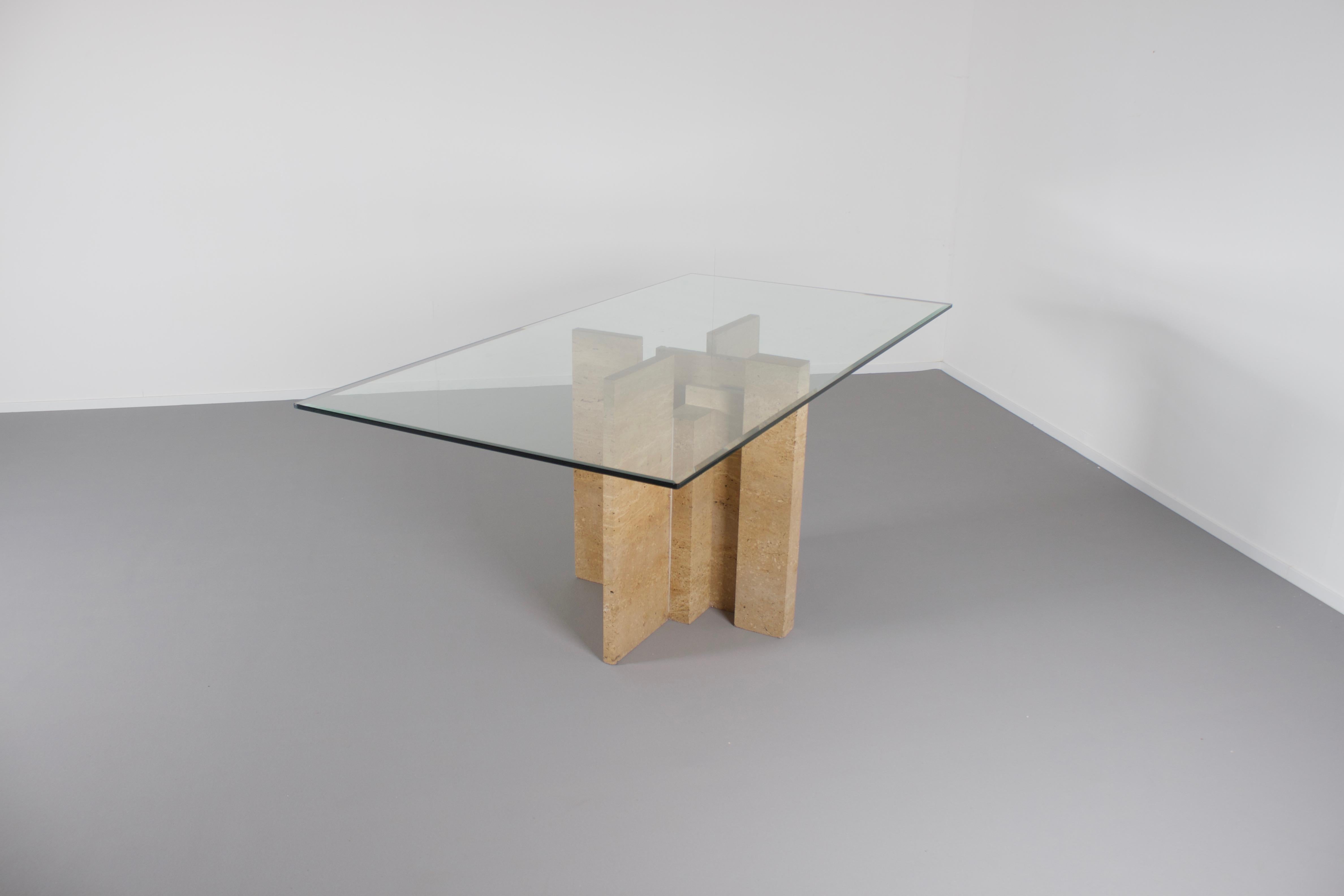 Belgian Sculptural Willy Ballez Dining Table in Travertine and Glass, Belgium 1970s