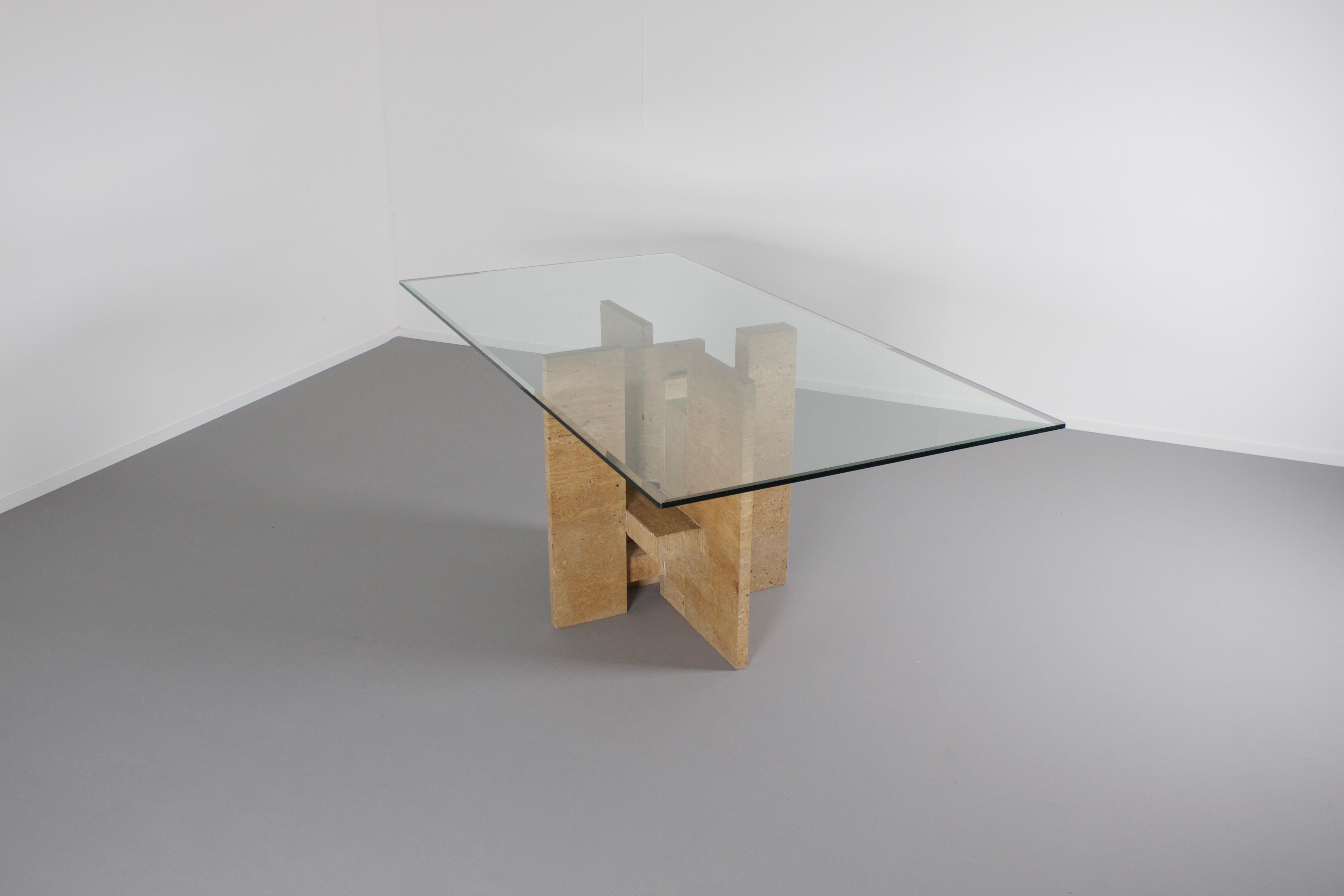 Sculptural Willy Ballez Dining Table in Travertine and Glass, Belgium 1970s In Good Condition In Echt, NL