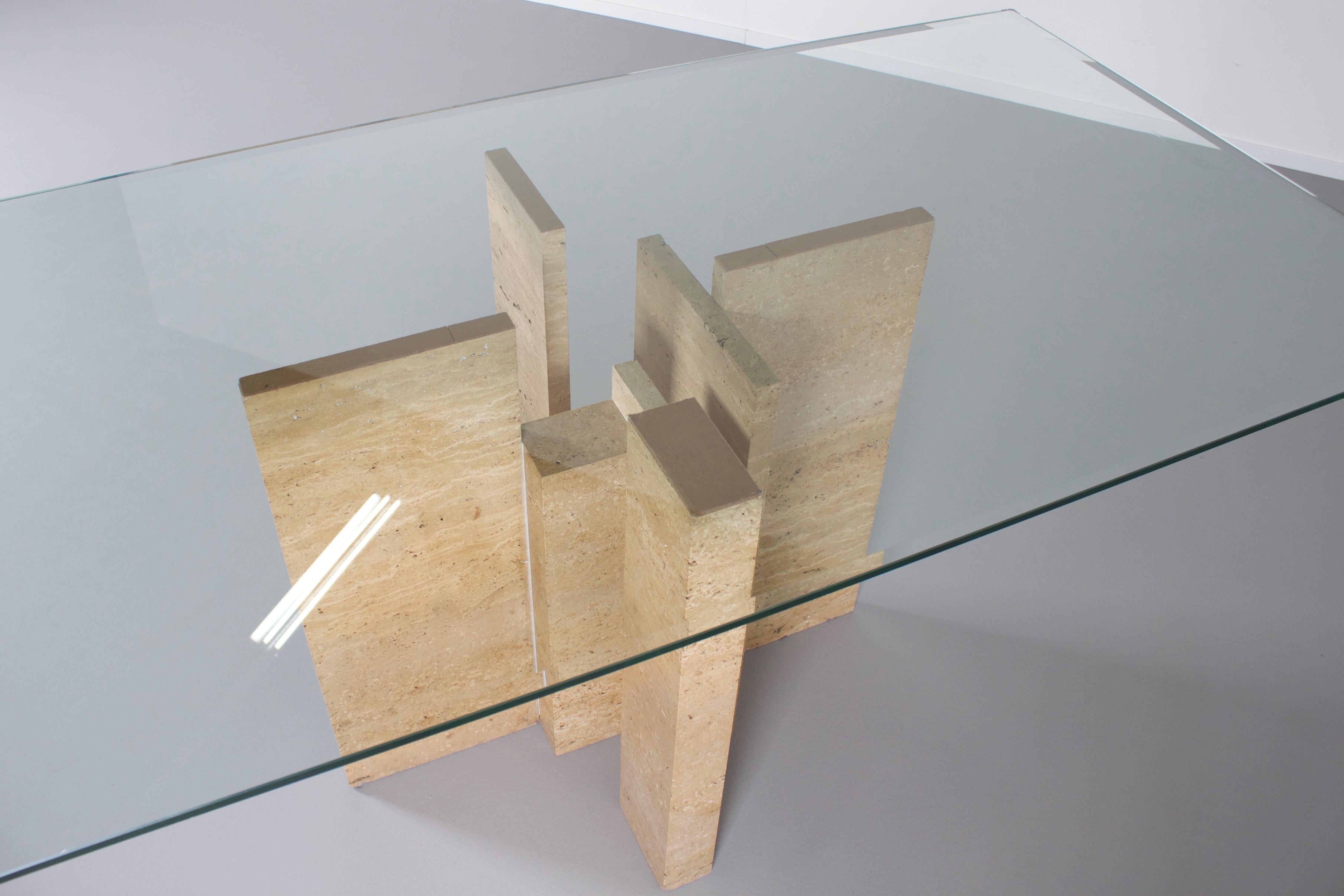 20th Century Sculptural Willy Ballez Dining Table in Travertine and Glass, Belgium 1970s