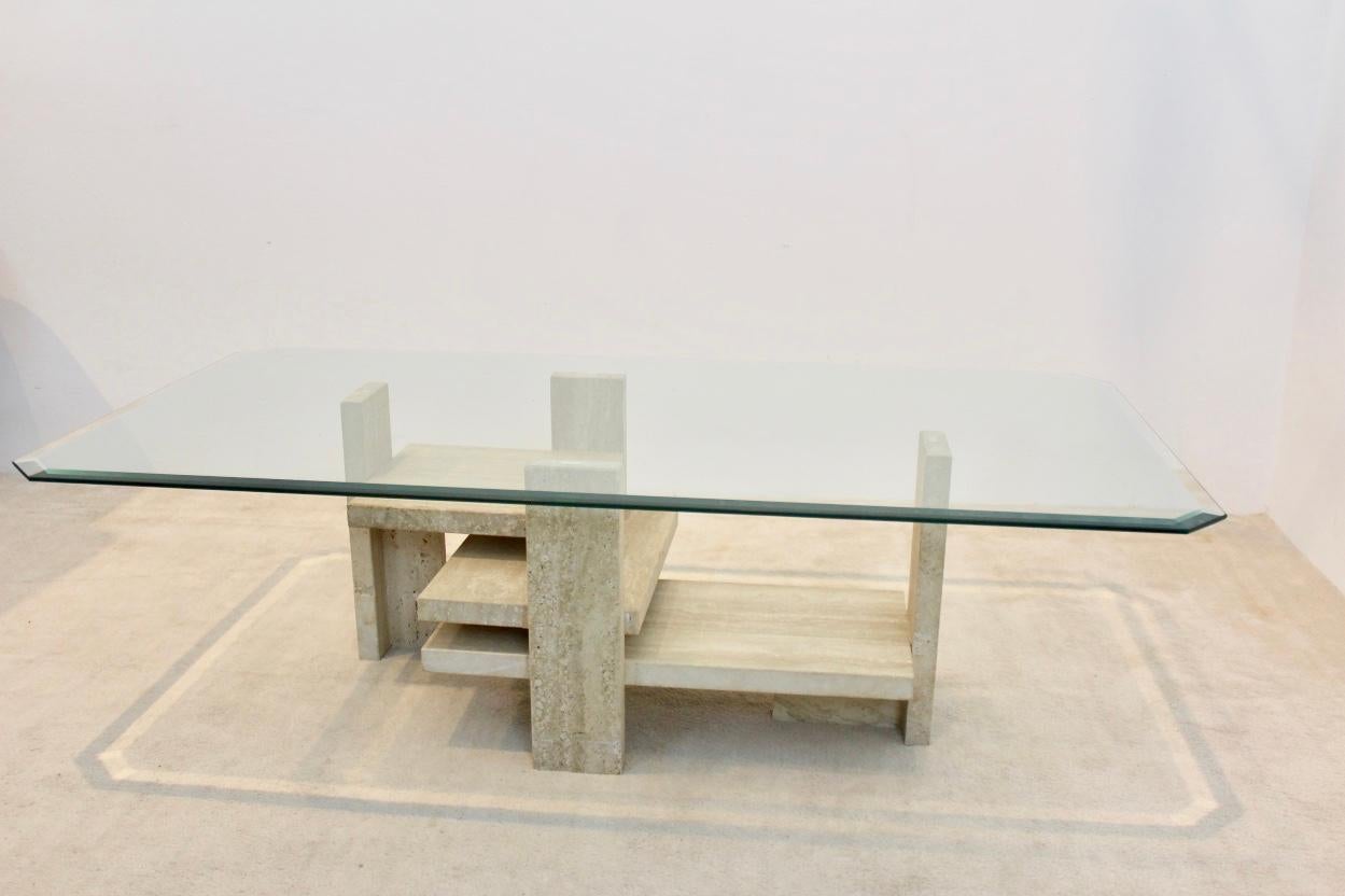 Sculptural Willy Ballez Travertine and Glass Cubist Coffee Table 4