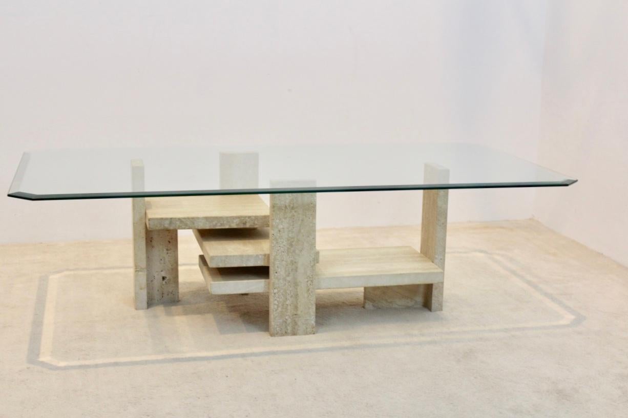 Sculptural Willy Ballez Travertine and Glass Cubist Coffee Table 5