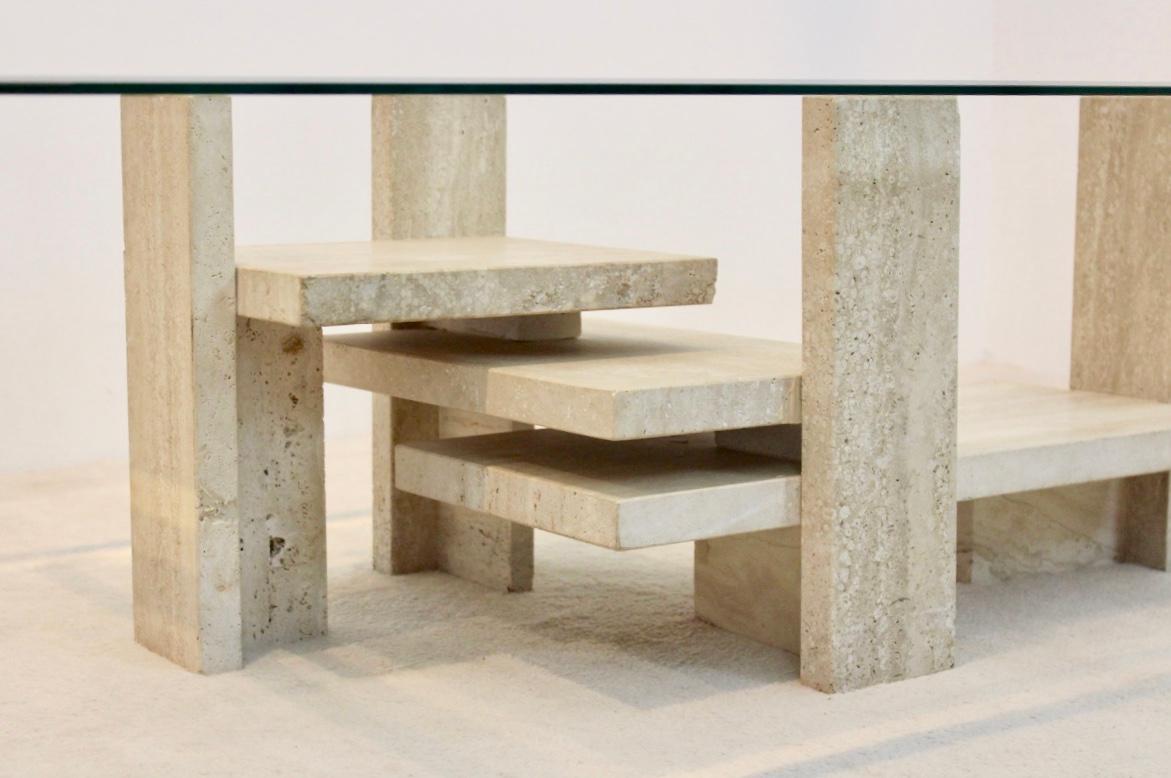 Sculptural Willy Ballez Travertine and Glass Cubist Coffee Table In Good Condition In Voorburg, NL