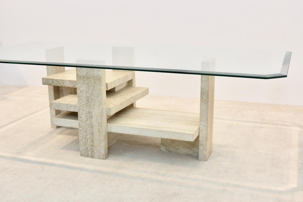 20th Century Sculptural Willy Ballez Travertine and Glass Cubist Coffee Table