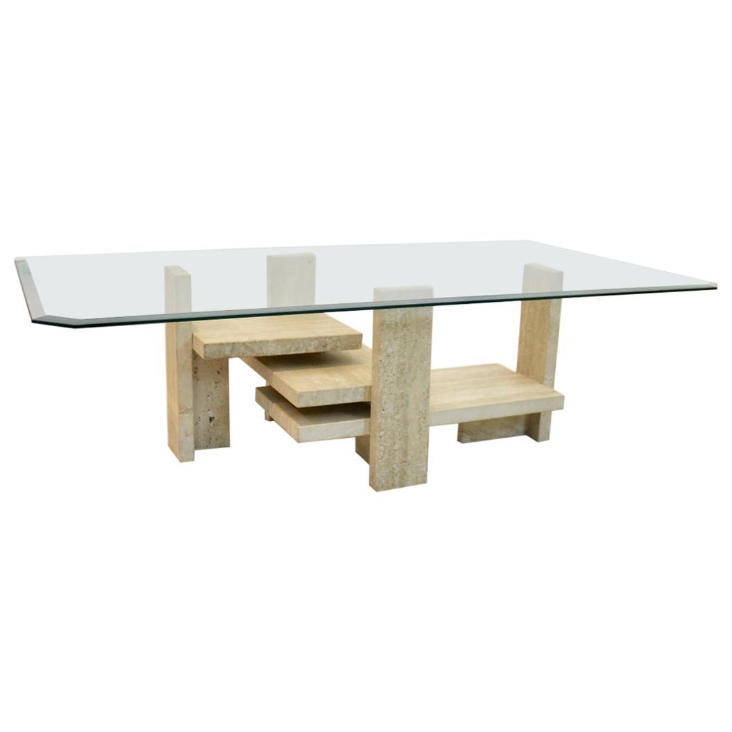 Sculptural Willy Ballez Travertine and Glass Cubist Coffee Table