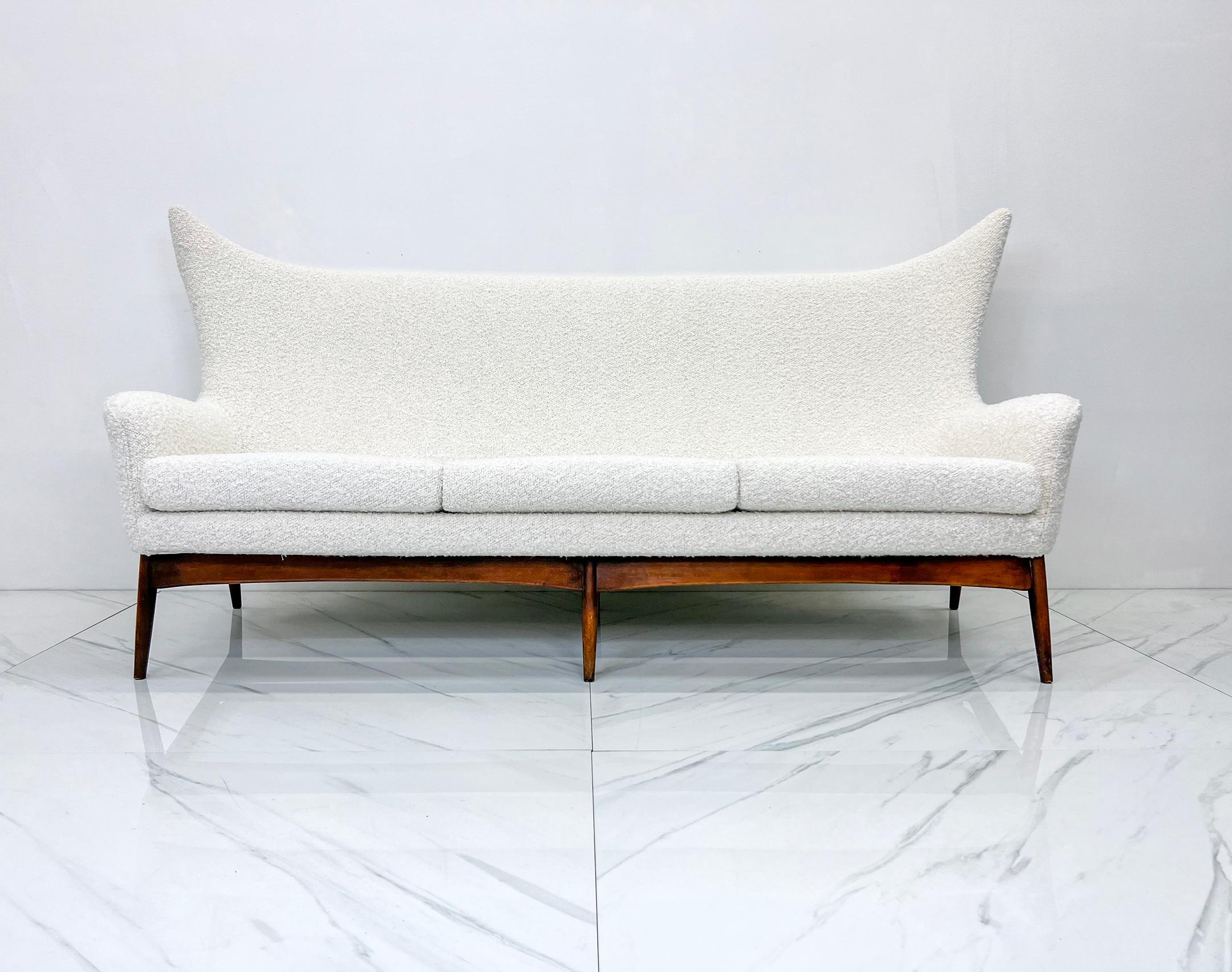 Bouclé Sculptural Wingback Sofa by H.W. Klein for Bramin Mobler of Denmark, 1950's For Sale