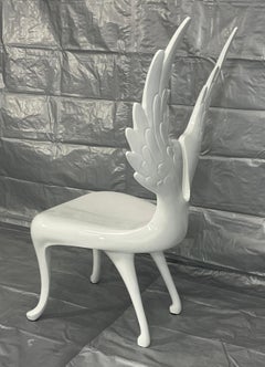 Sculptural “Winged” Chair in White Lacquered Wood, Signed by Artist, One of a Ki