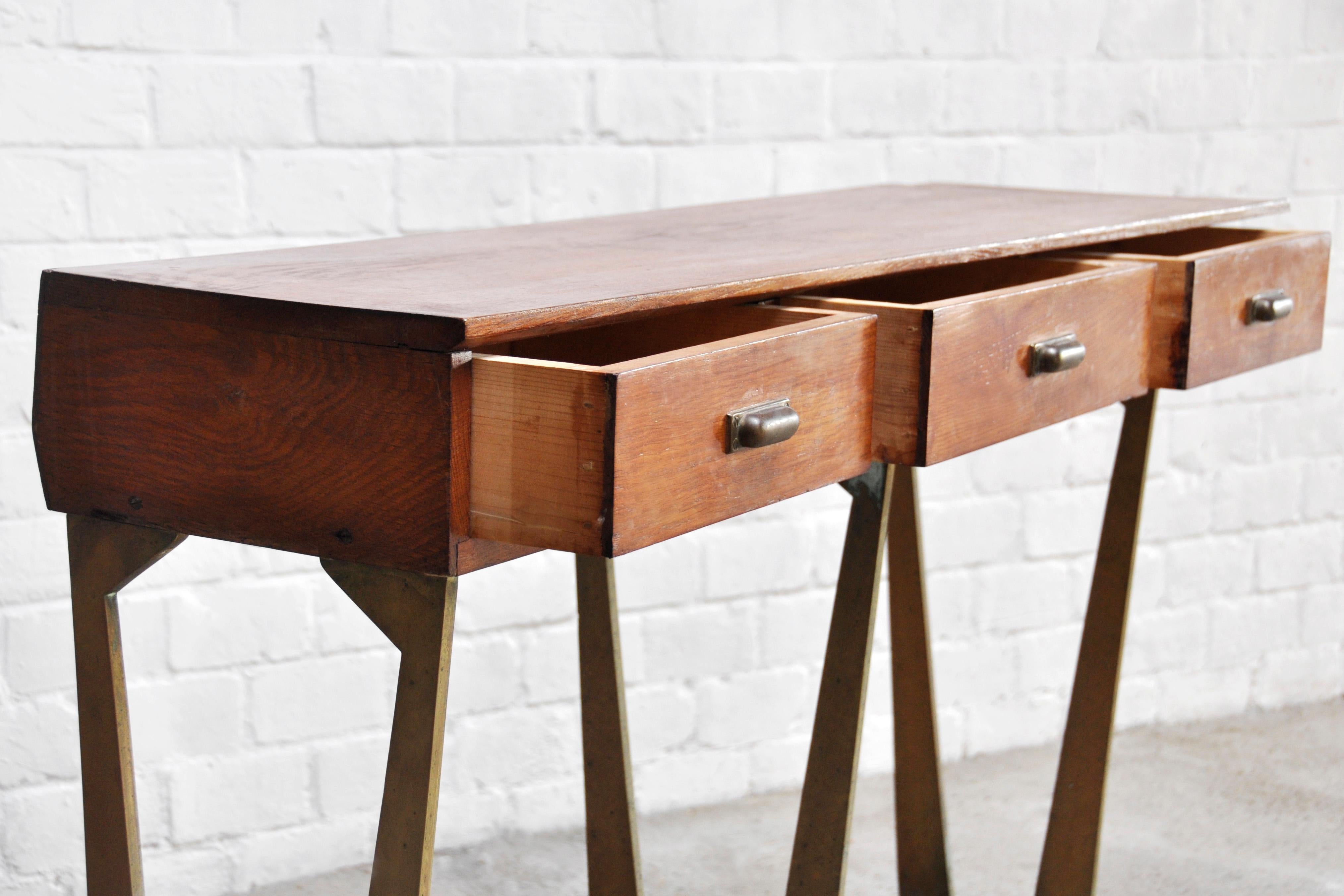 Sculptural Wood & Brass Console Table by Osvaldo Borsani, Italy, 1950s For Sale 3