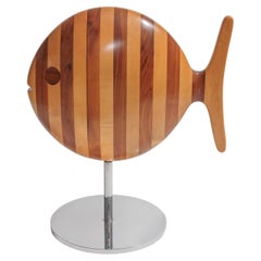 Sculptural Wood Fish on Chrome Stand with Hidden Shelves
