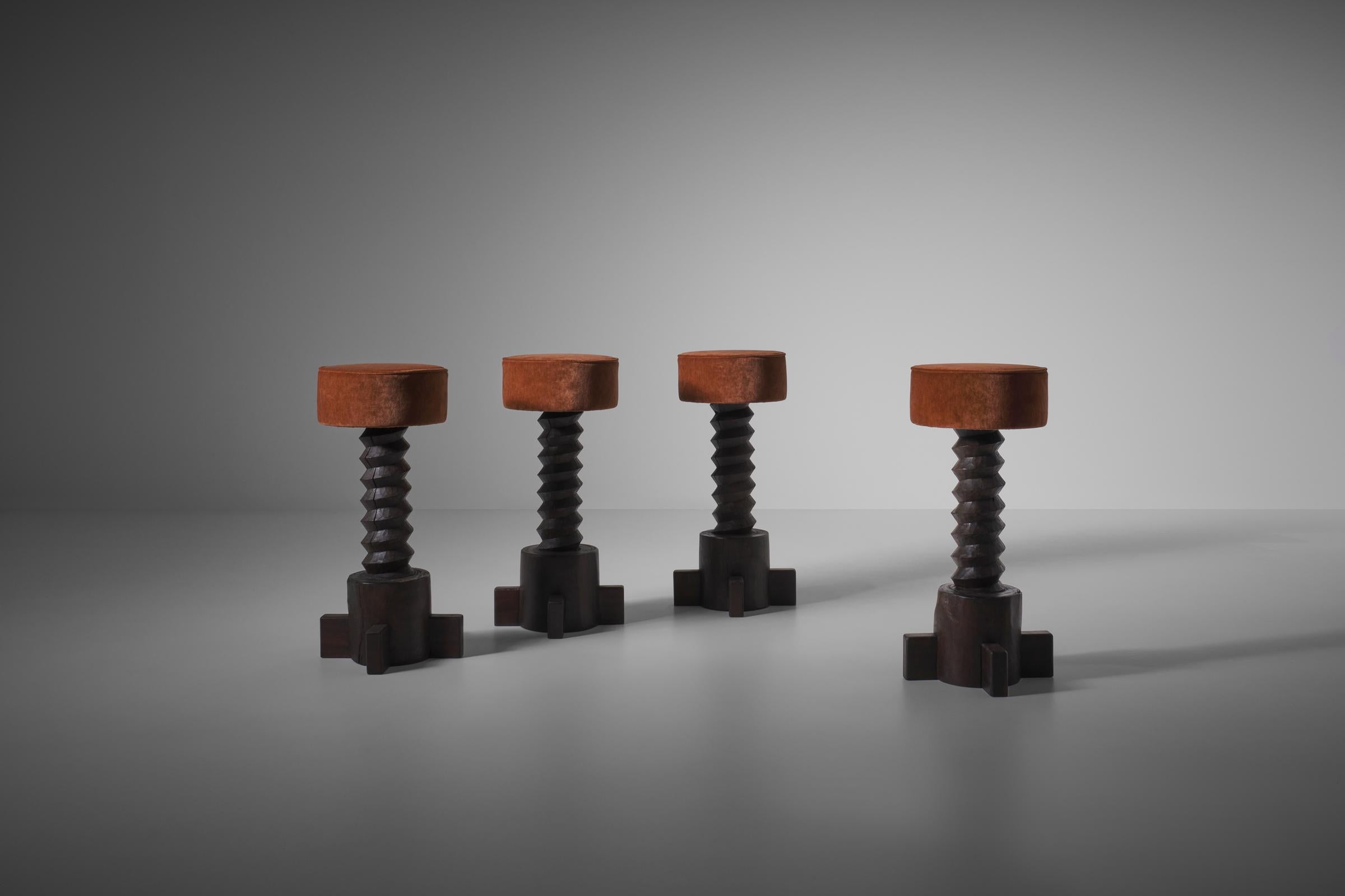Unknown Sculptural Wooden and Velvet Bar Stools, 1970s