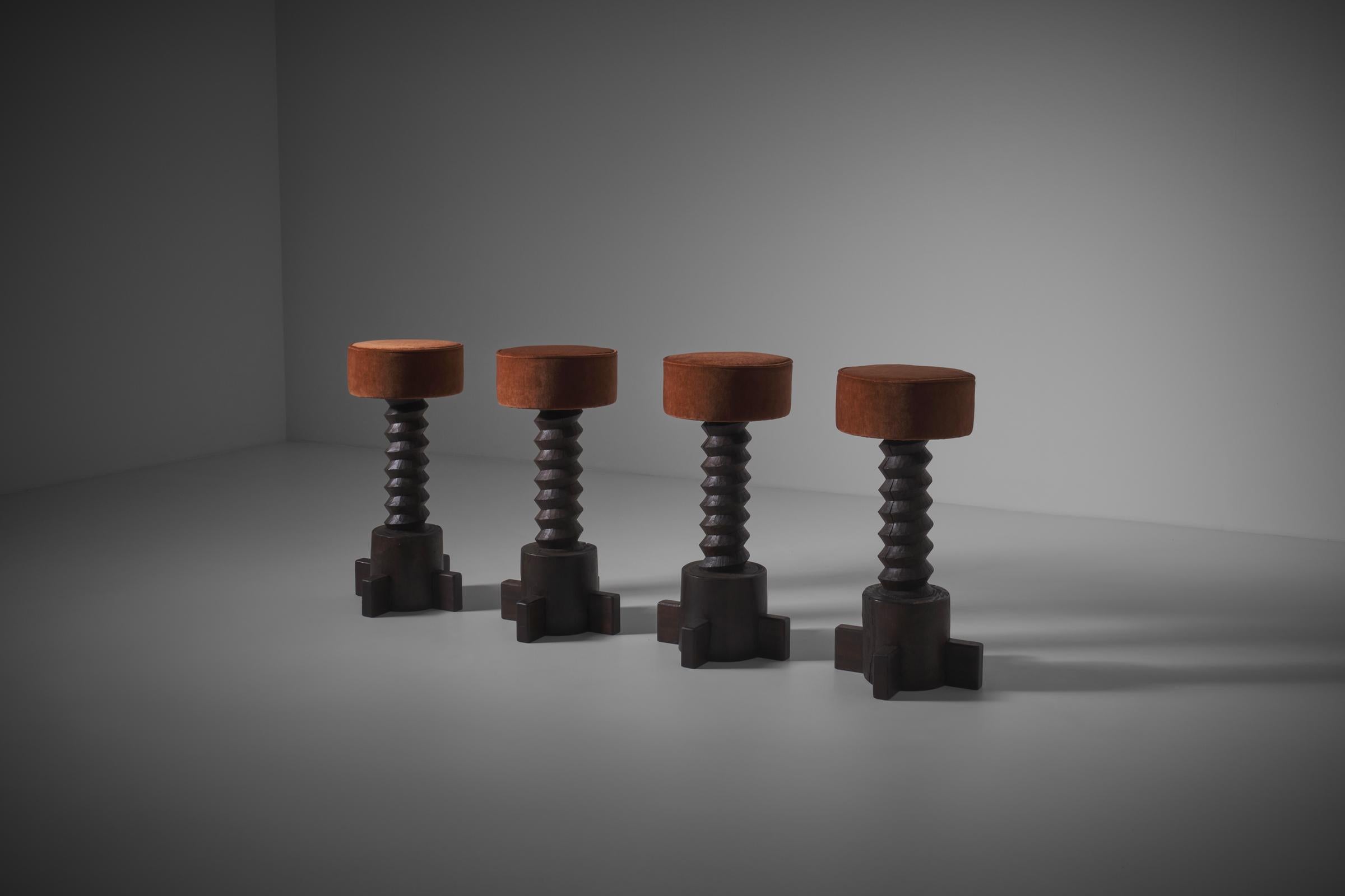 Late 20th Century Sculptural Wooden and Velvet Bar Stools, 1970s