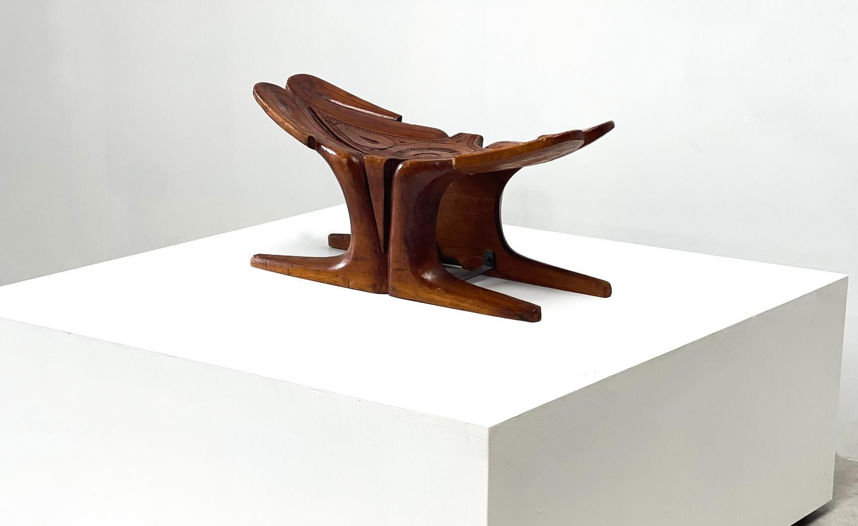 Wood Sculptural wooden carved stool For Sale