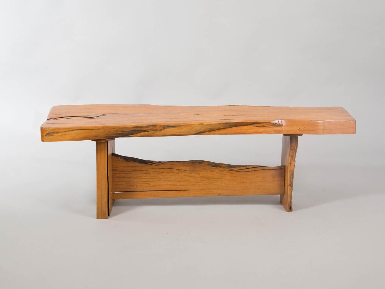 Mid-Century Modern sculptural wooden coffee table or bench constructed from reclaimed wood.