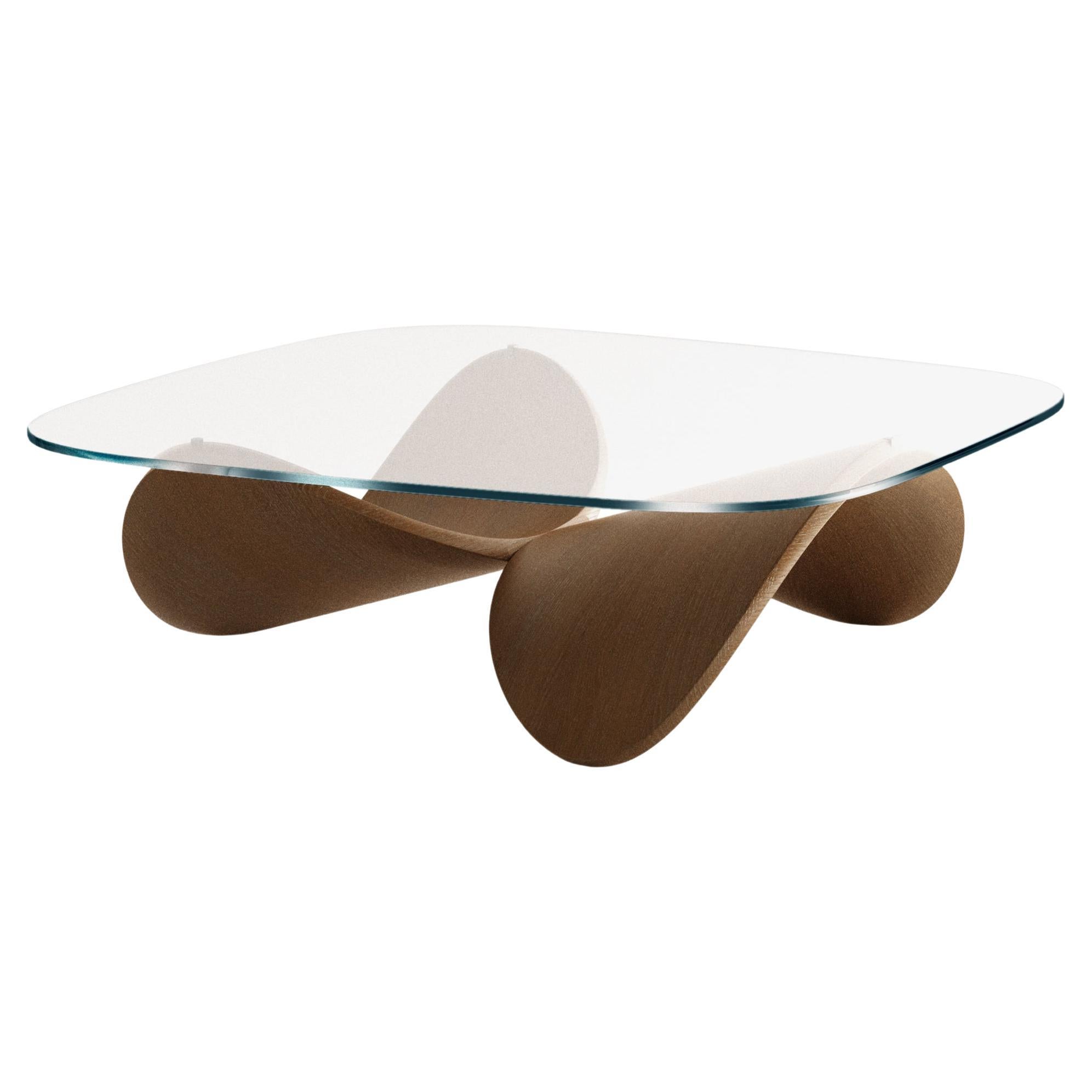 Sculptural Wooden Coffee Table in a Natural Brown Stain and Glass Top, Italy For Sale