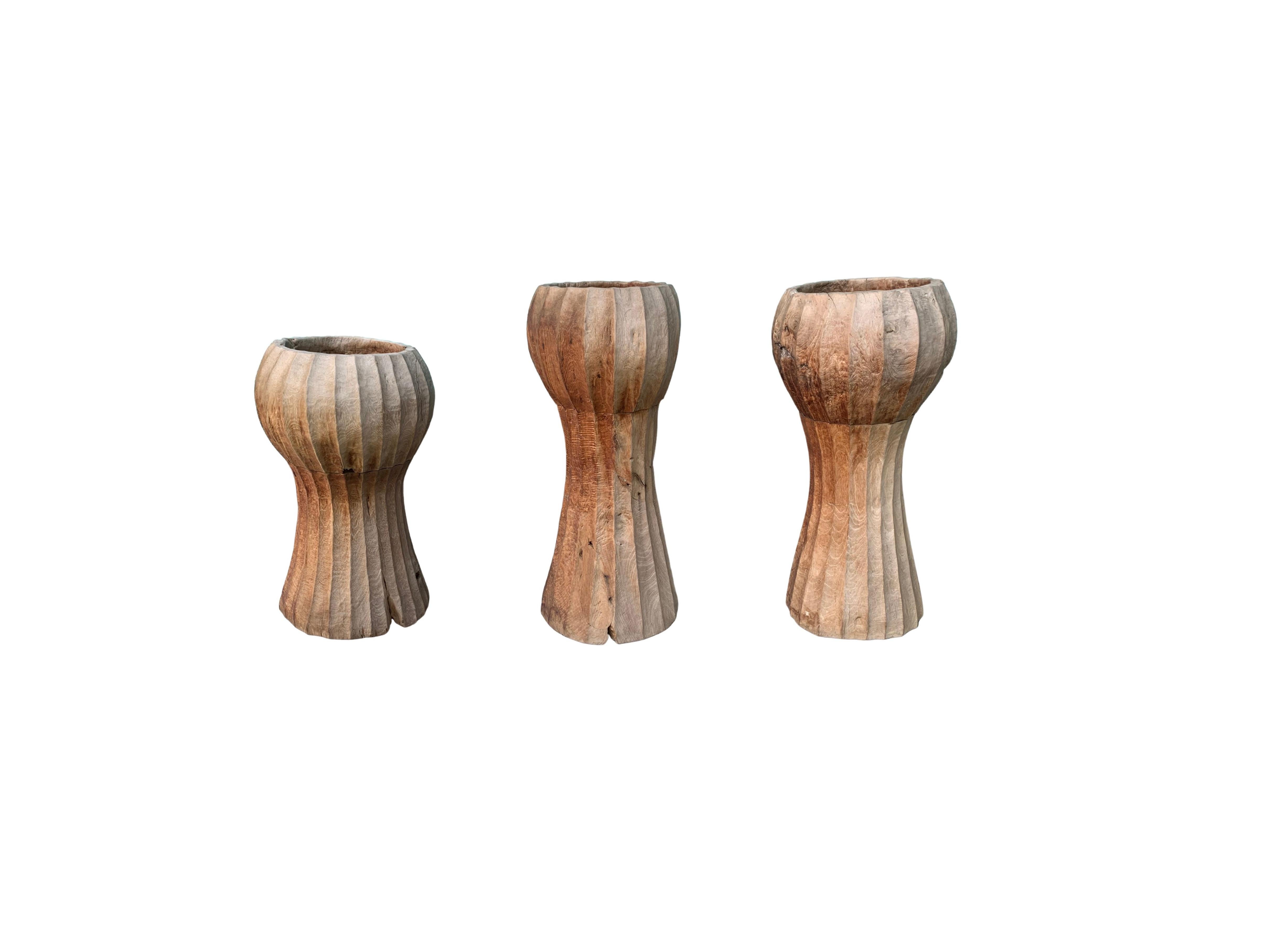 Ces bols de présentation sculpturaux ont été fabriqués à la main sur l'île de Java à partir de bois de teck massif. Avec leur forme allongée et surélevée, ils sont parfaits comme collection de bols décoratifs ou même comme jardinières. Un complément