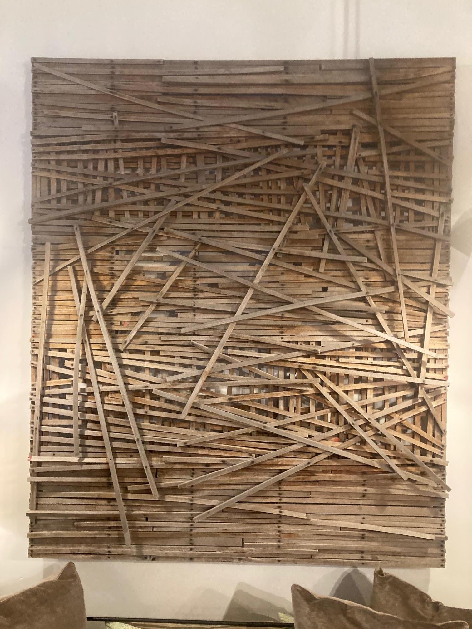 Ahren Ahrenholz
African hardwood & steel nails, 2019
Edition of 1
Weathered wall sculpture made from African hardwood and steel nails with accents of paint. 

Taking residence in the hills Vermont, Ahren creates a unique visual language using