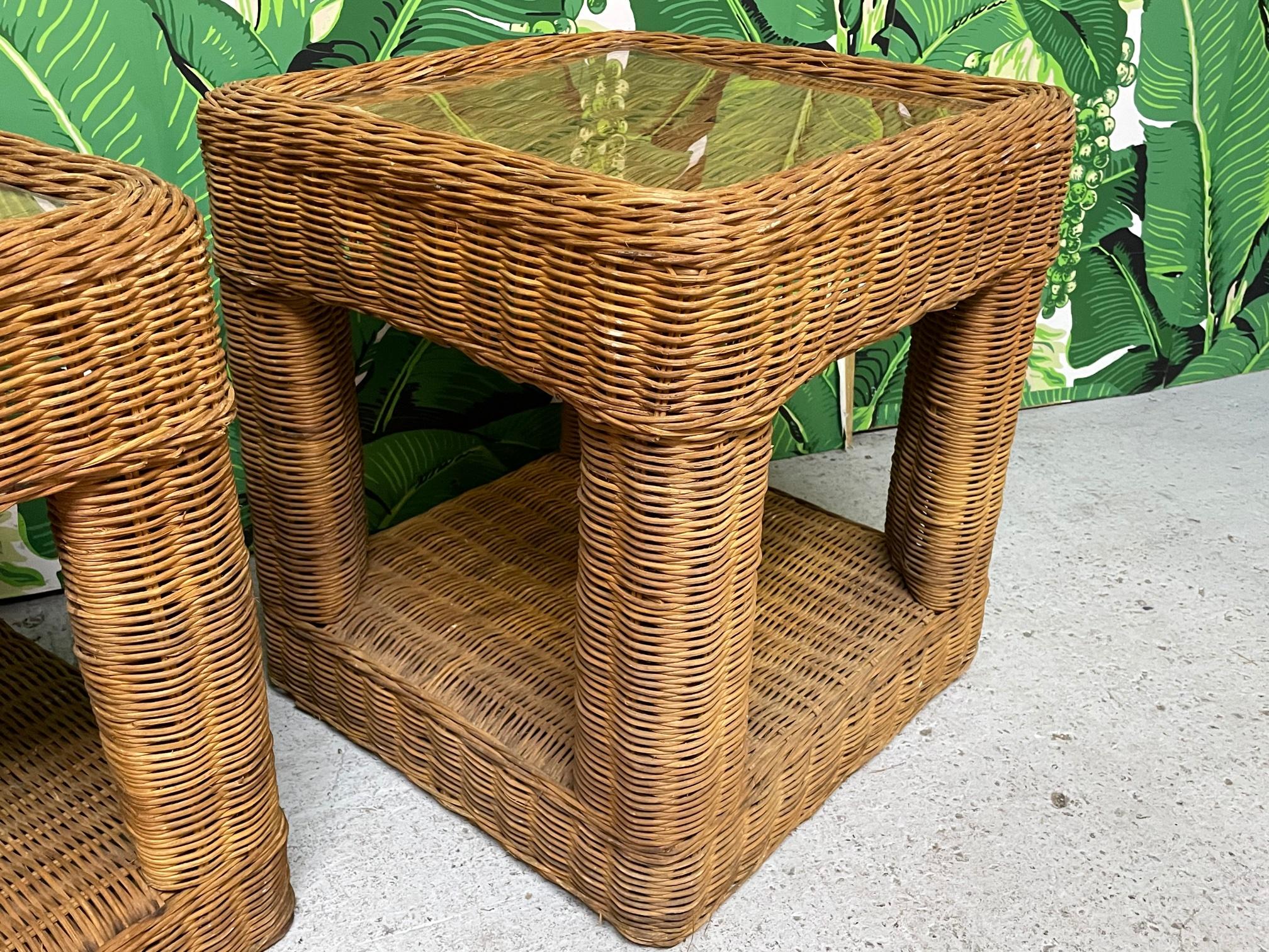Mid-20th Century Sculptural Woven Wicker Nightstands, a Pair