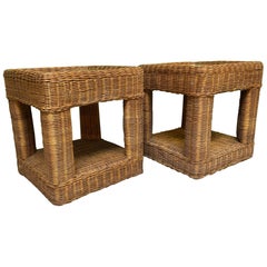 Vintage Sculptural Woven Wicker Nightstands, a Pair