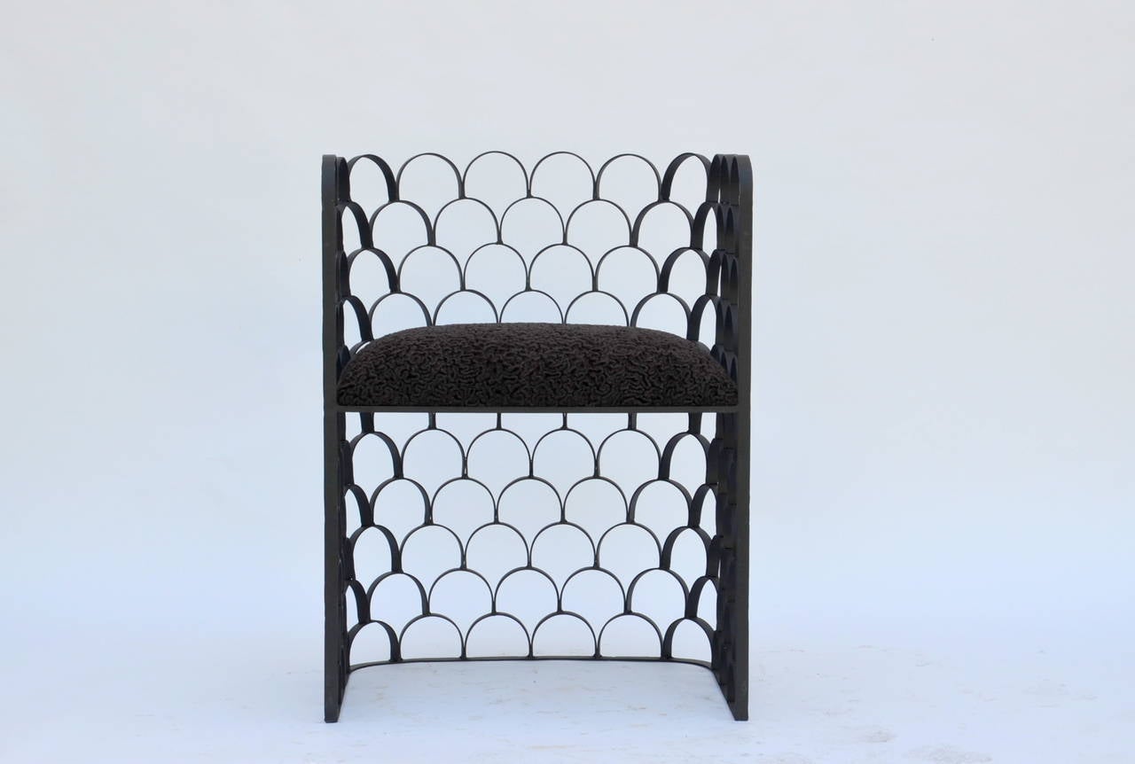 American Sculptural Wrought Iron and Astrakhan Wool 'Arcature' Stool by Design Frères For Sale