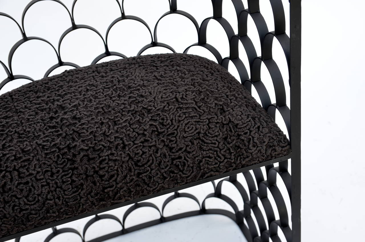 Steel Sculptural Wrought Iron and Astrakhan Wool 'Arcature' Stool by Design Frères For Sale