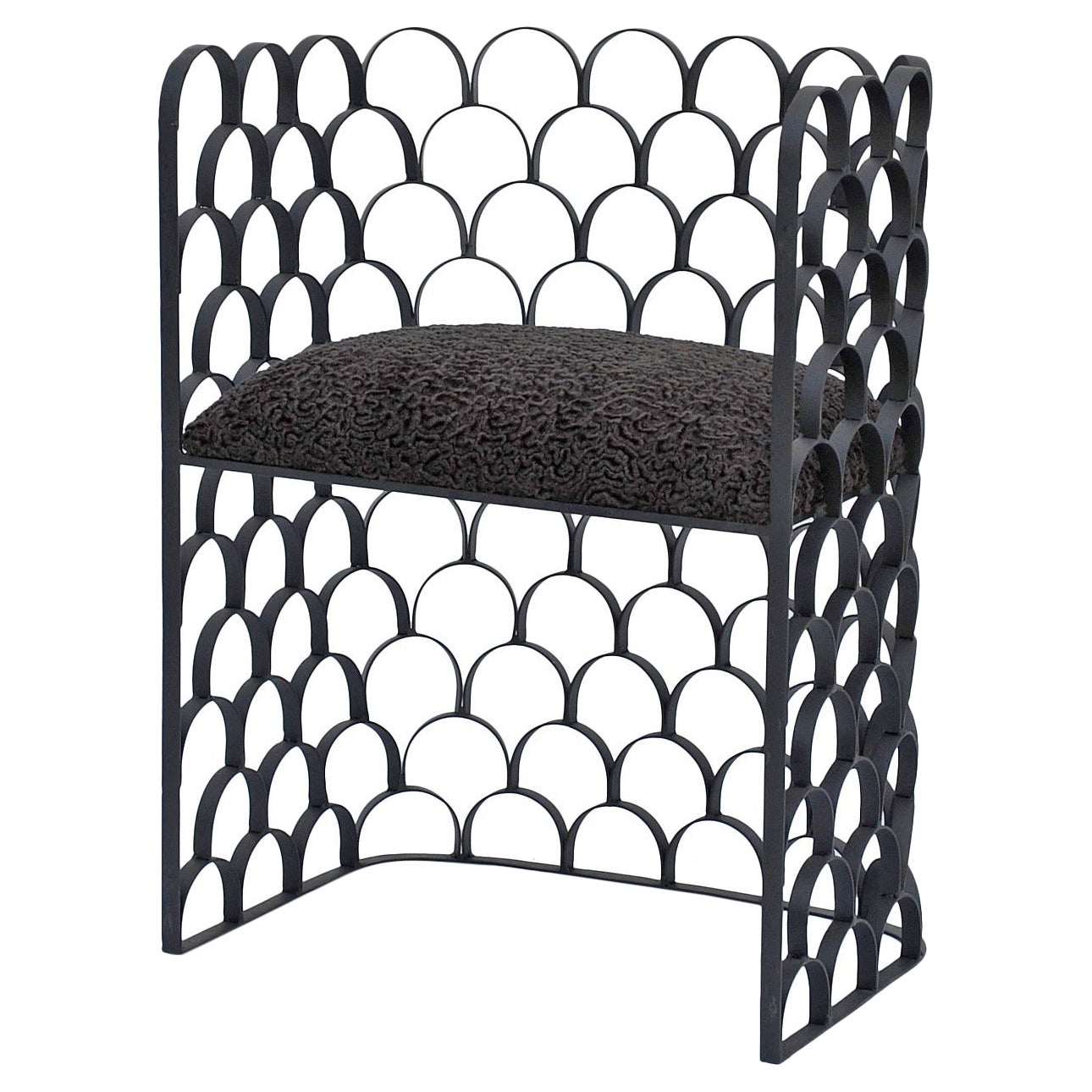 Sculptural Wrought Iron and Astrakhan Wool 'Arcature' Stool by Design Frères For Sale