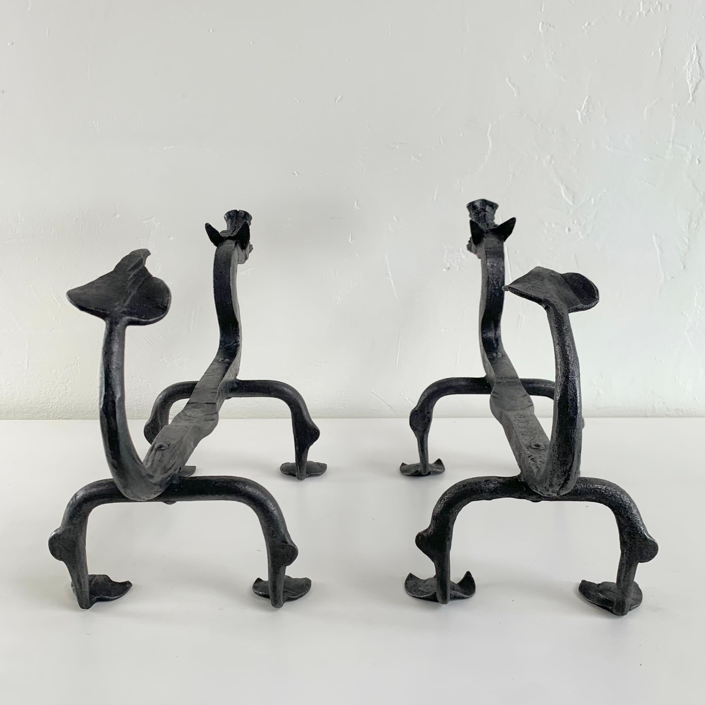 Sculptural Wrought Iron Pair Of Dragons Andirons, circa 1910, United States. For Sale 5