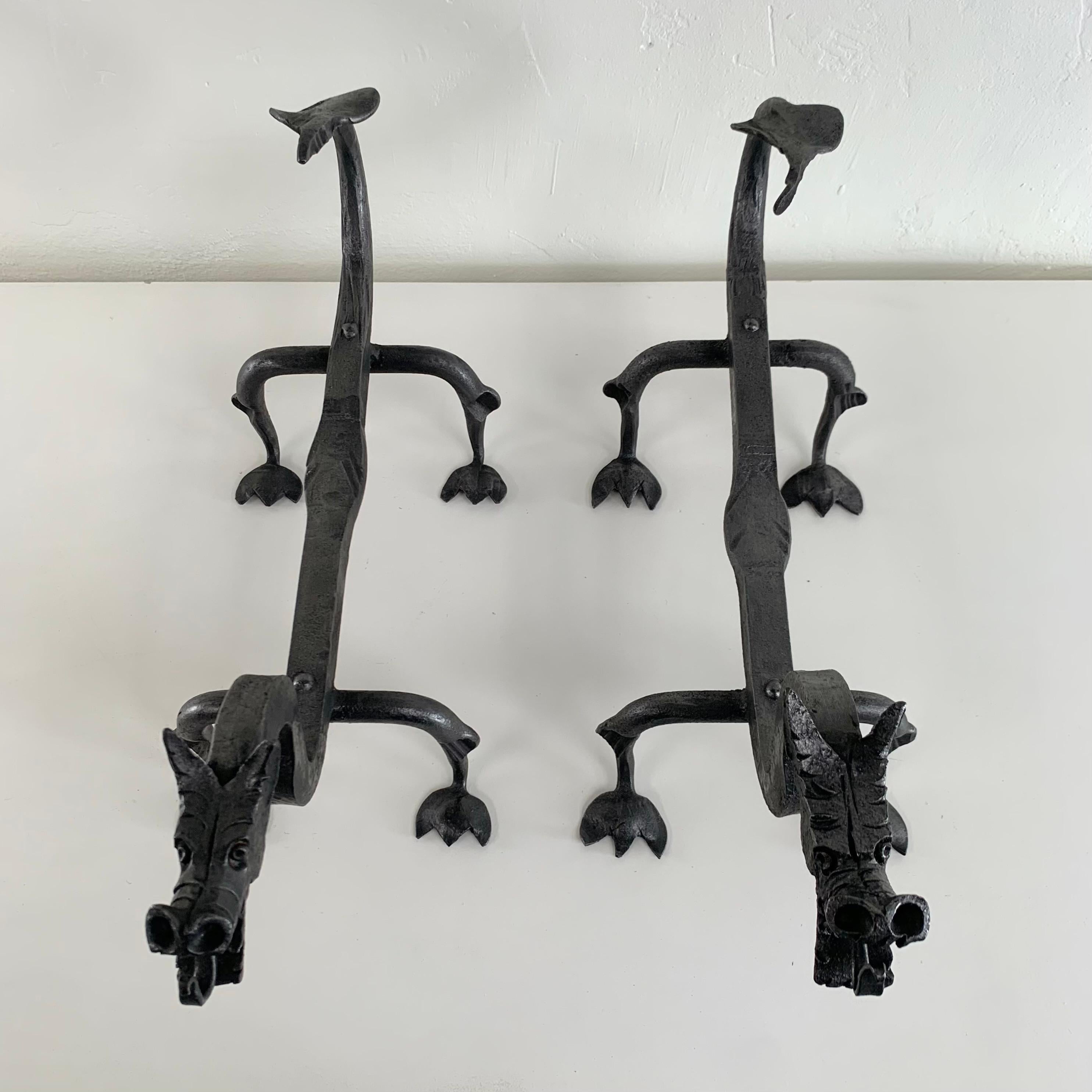 Sculptural Wrought Iron Pair Of Dragons Andirons, circa 1910, United States. For Sale 6
