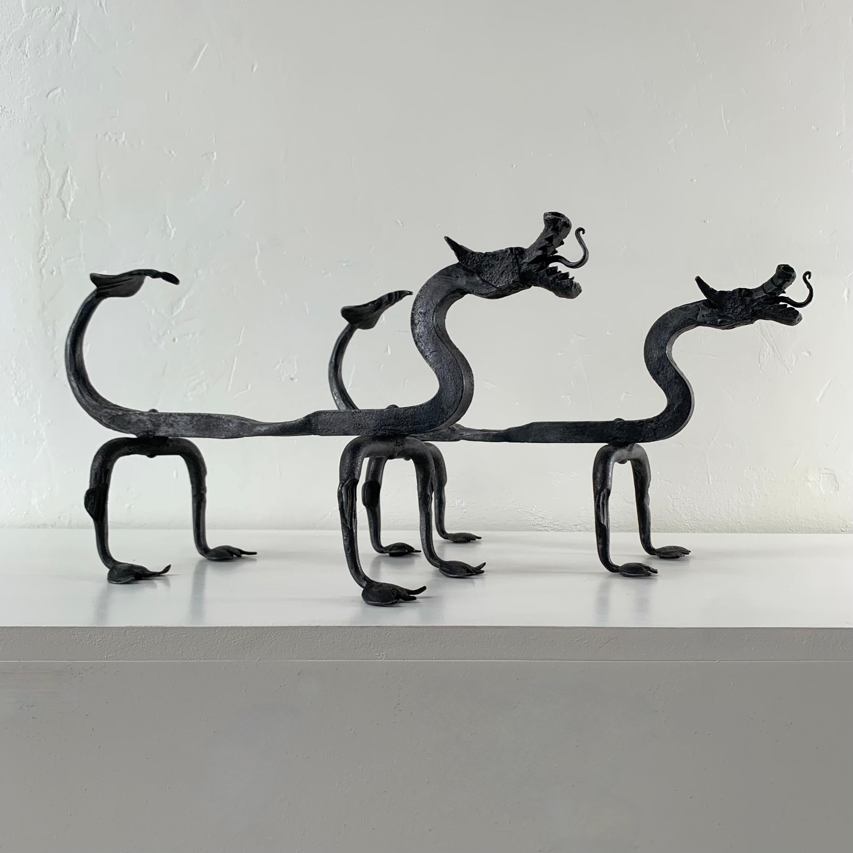 Sculptural Wrought Iron Pair Of Dragons Andirons, circa 1910, United States. For Sale 8