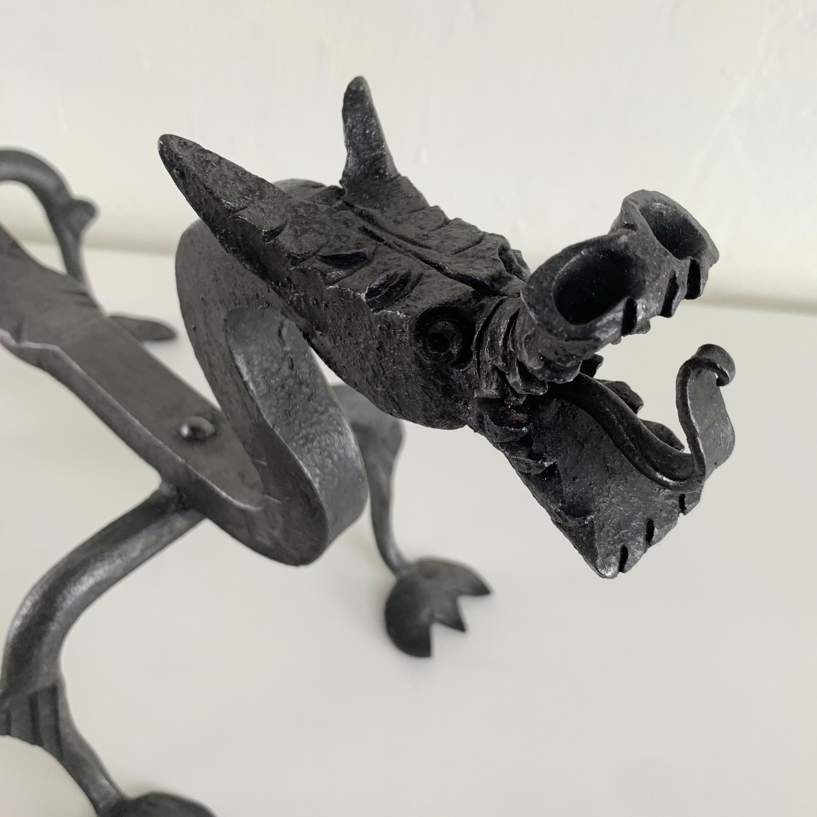 Sculptural Wrought Iron Pair Of Dragons Andirons, circa 1910, United States. For Sale 9