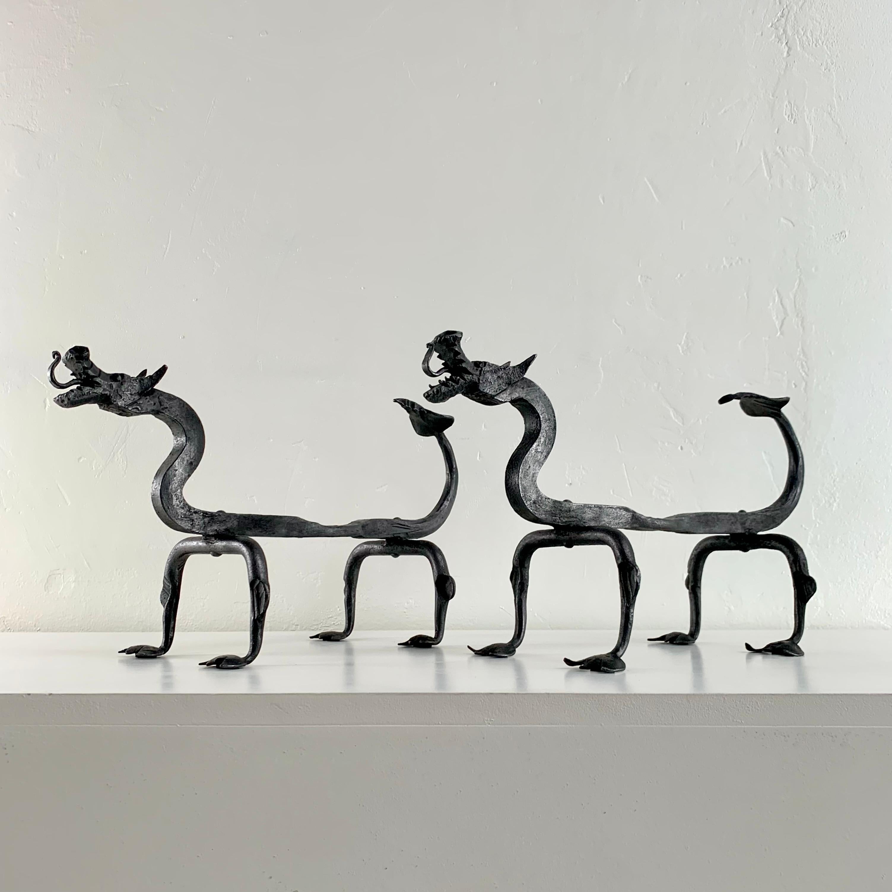 Sculptural Wrought Iron Pair Of Dragons Andirons, circa 1910, United States. For Sale 11