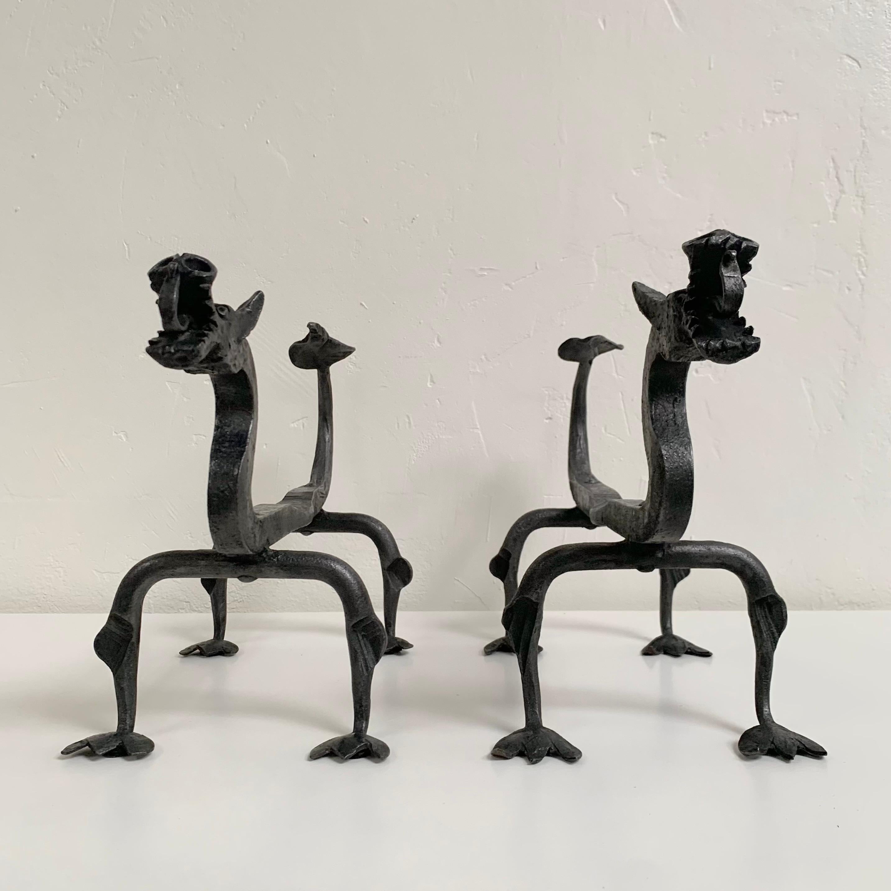 Sculptural Wrought Iron Pair Of Dragons Andirons, circa 1910, United States. For Sale 12