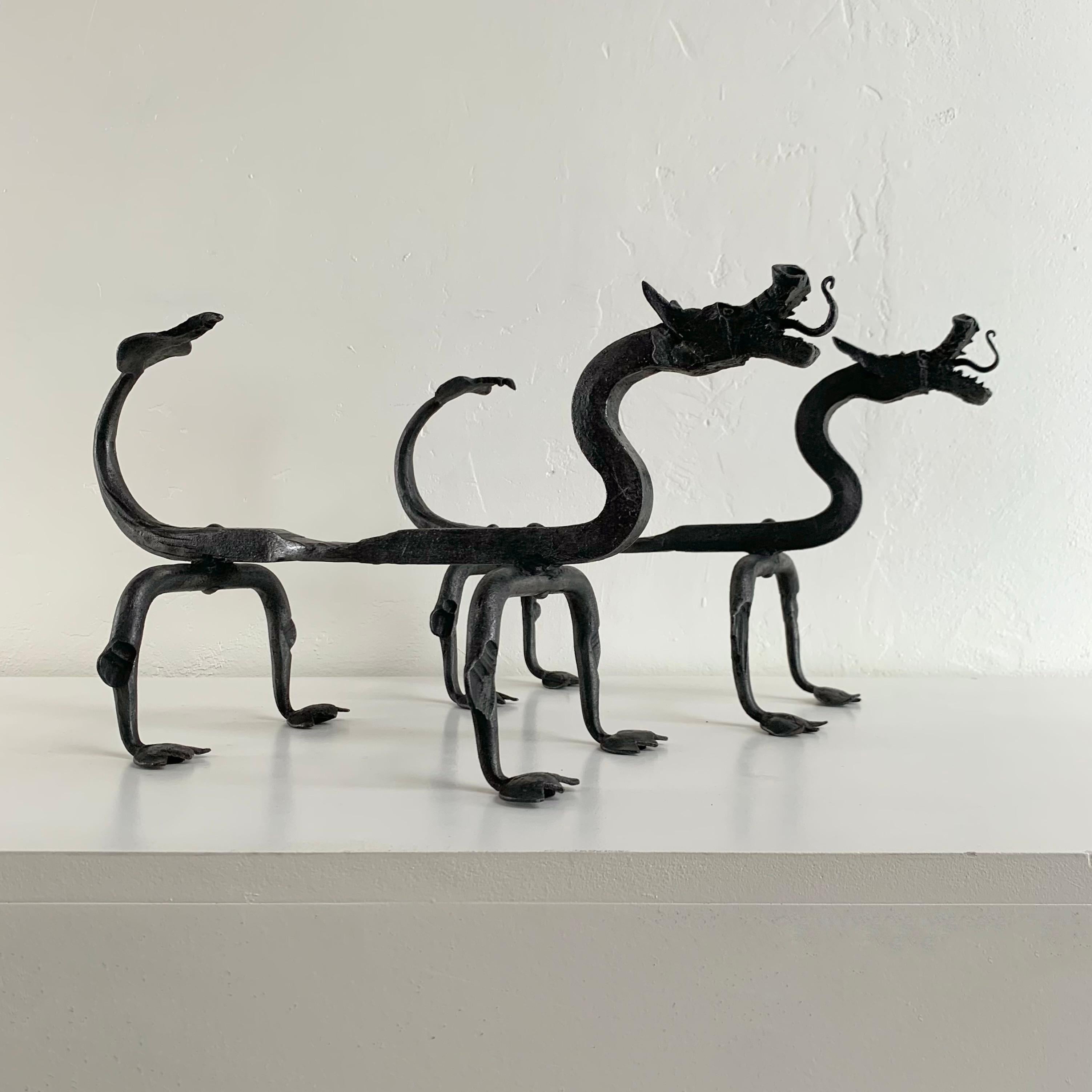 Pair of sculptural Arts and Crafts andirons, circa 1910, United States.
Wrought iron.
Dimensions: 53 cm D, 19 cm W, 29 cm H.
Good condition.
All purchases are covered by our Buyer Protection Guarantee.
This item can be returned within 7 days of