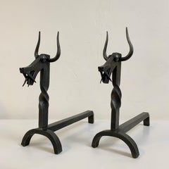 Sculptural Wrought Iron Pair Of Dragons Andirons, circa 1960, France.