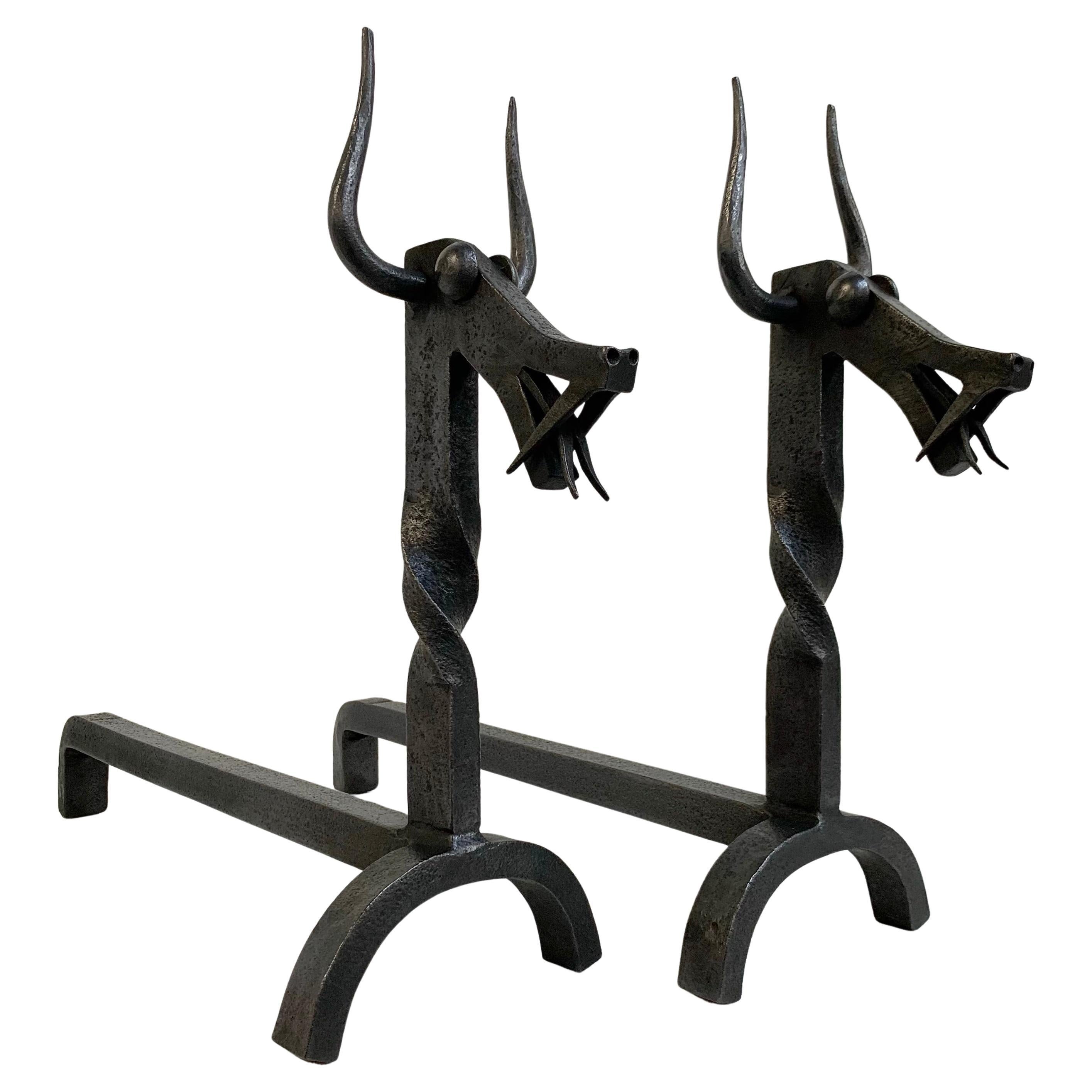 Sculptural Wrought Iron Pair Of Dragons Andirons, circa 1960, France.