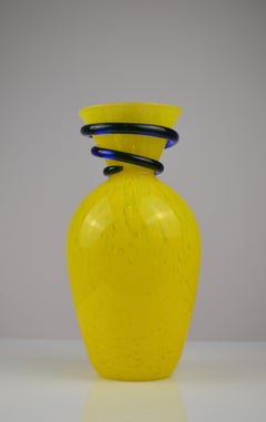 Sculptural Yellow Art Glass Vase with Cobalt Blue Spiral Neck