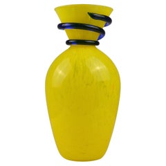 Sculptural Yellow Art Glass Vase with Cobalt Blue Spiral Neck
