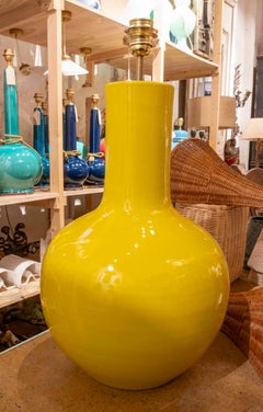 Sculptural Yellow Glazed Ceramic Table Lamp with Brass Accent