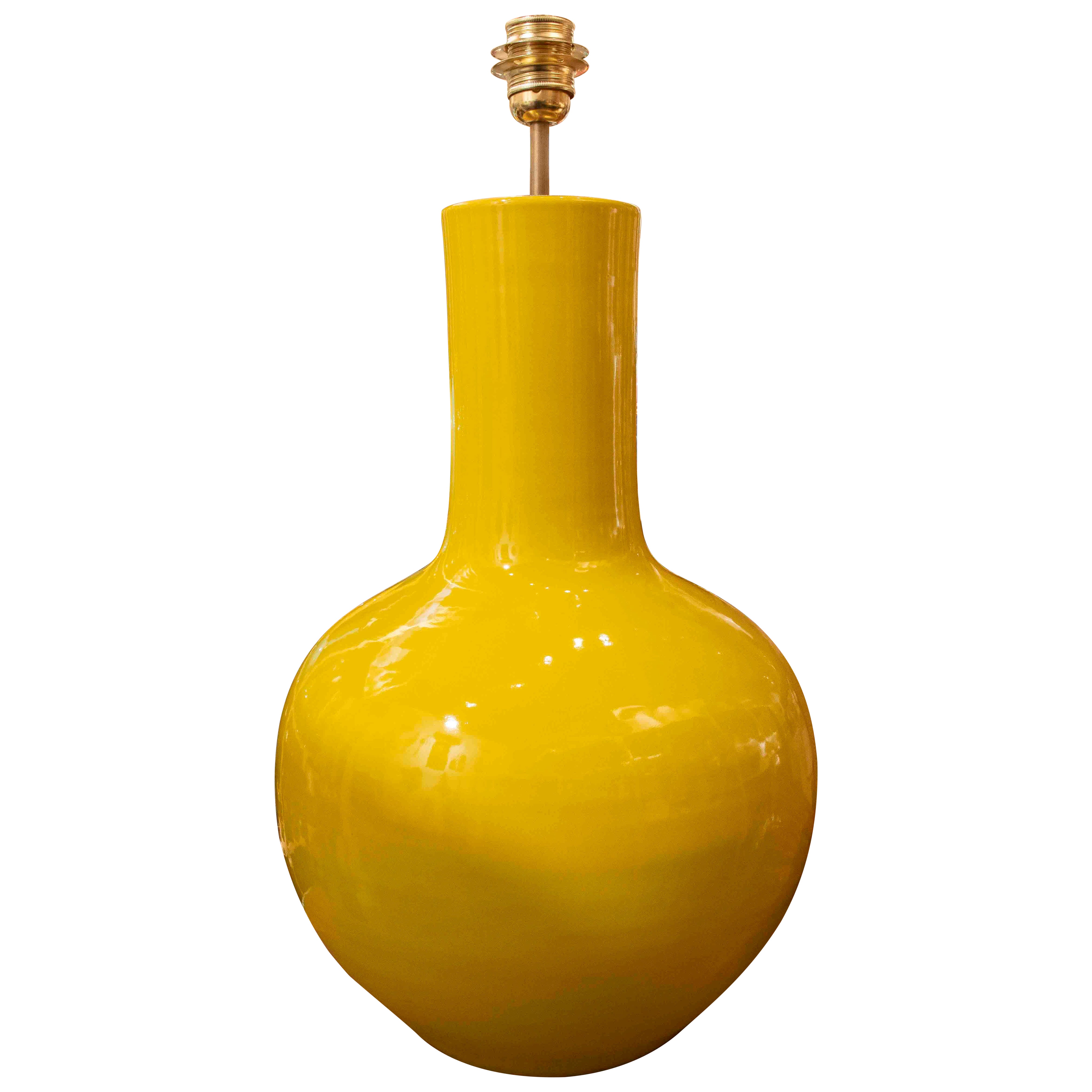 Sculptural Yellow Glazed Ceramic Table Lamp with Brass Accent