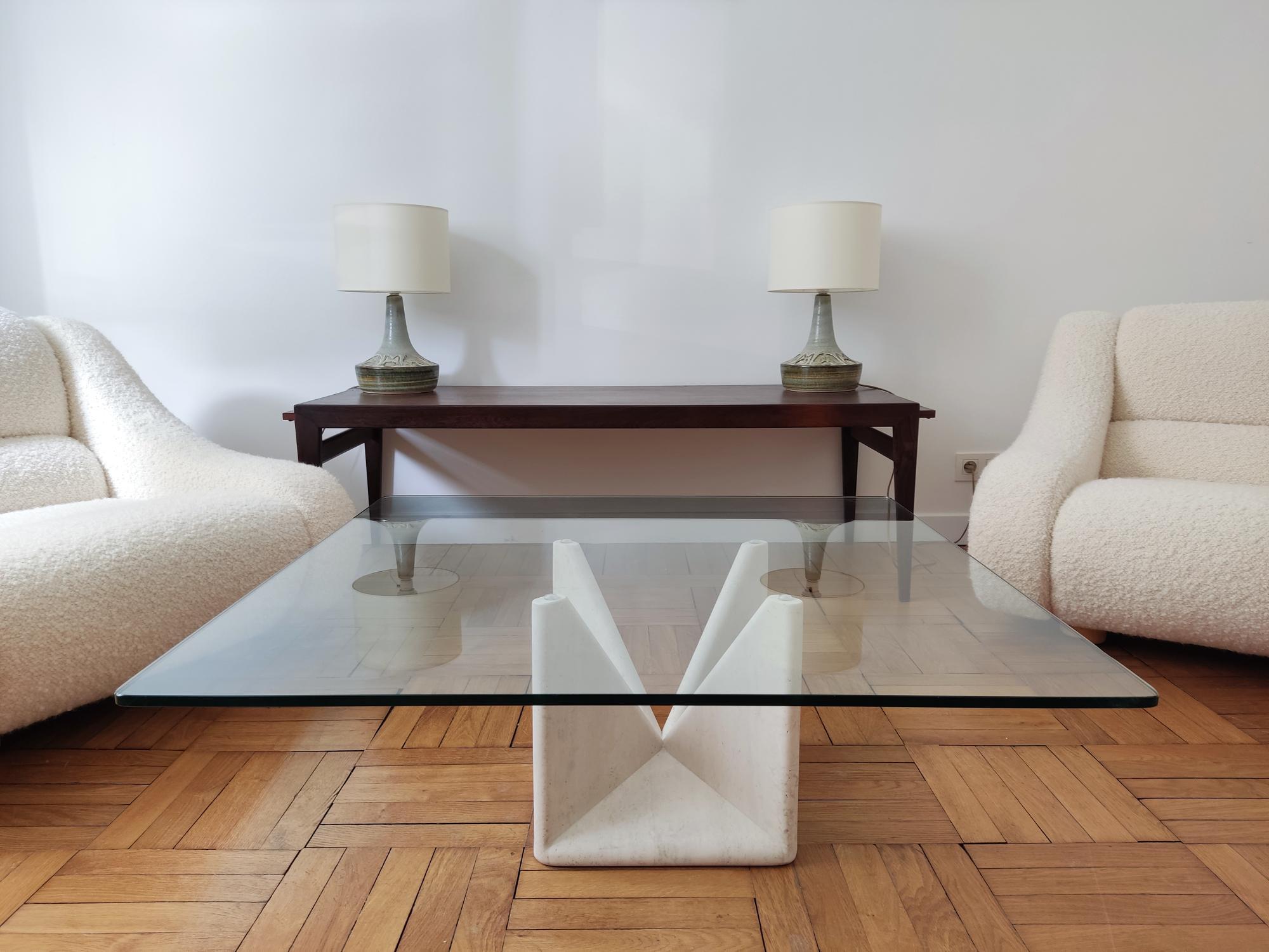 Mid-Century Modern Sculpturale travertine & glass coffee table - Claude Berradacci For Sale